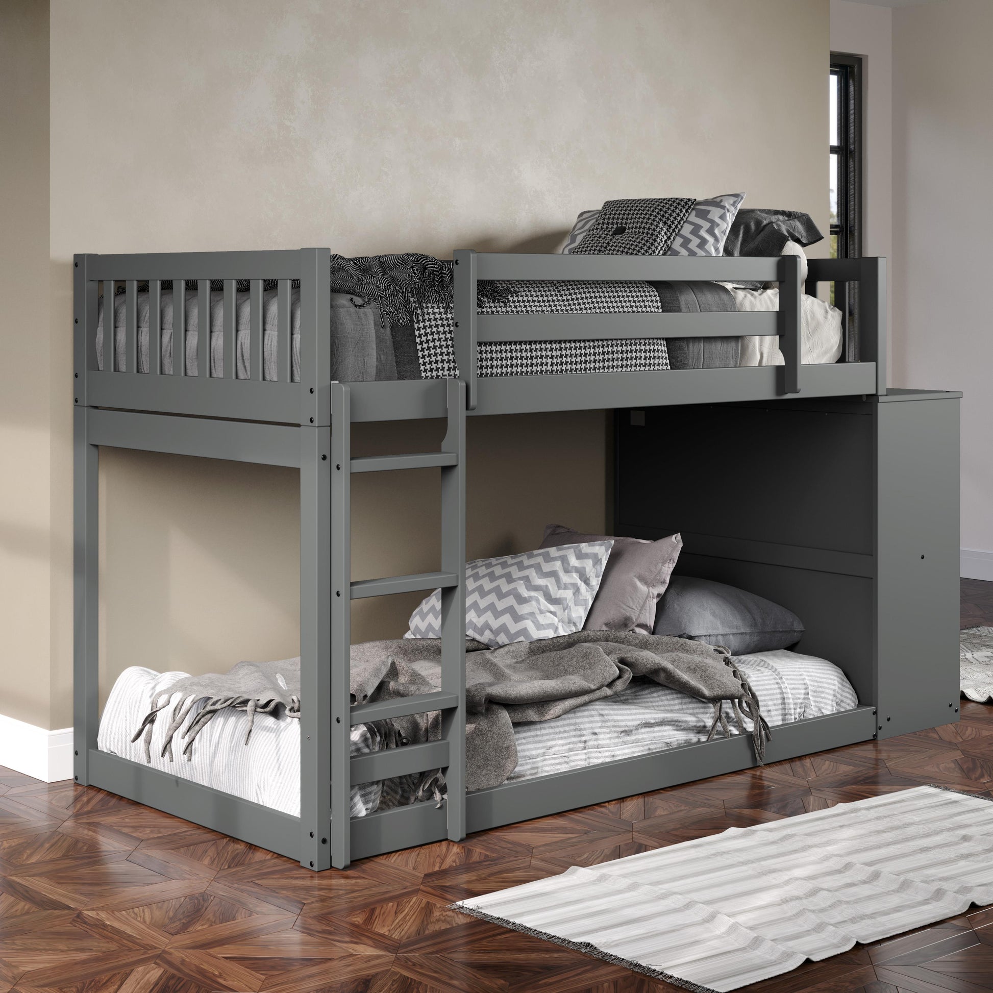  Donco Trading Company Moby Mission 1600-TTDG Twin over Twin Bunkbed with 4 Drawer Dresser & Shelves - Dark Grey IMAGE 2