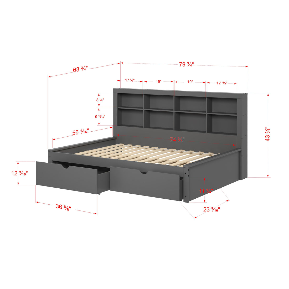  Donco Trading Company 1733-FDG_505-DG Bookcase Full Daybed with Drawers - Dark Grey IMAGE 1