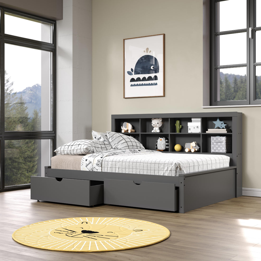  Donco Trading Company 1733-FDG_505-DG Bookcase Full Daybed with Drawers - Dark Grey IMAGE 1