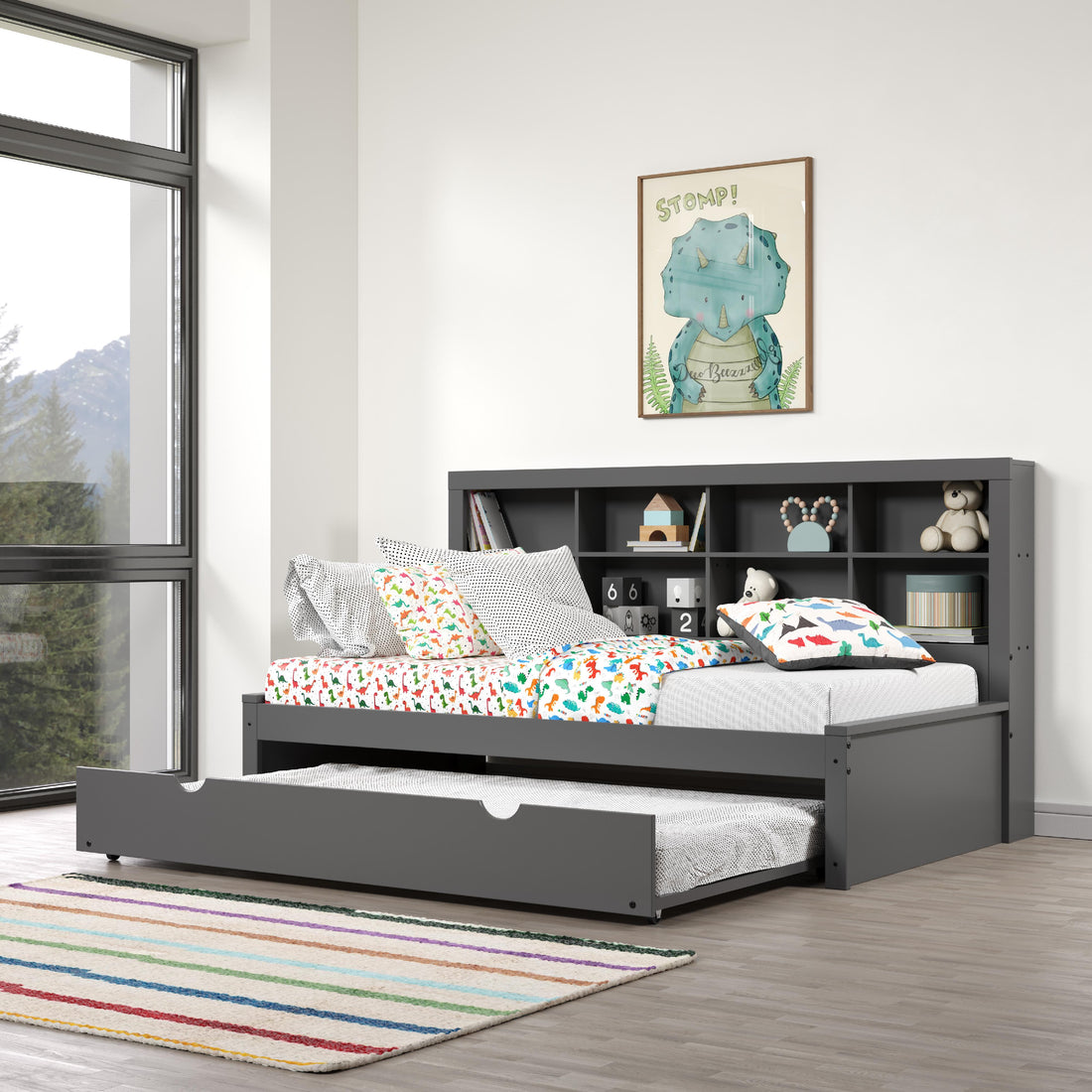  Donco Trading Company 1733-TDG_503-DG Bookcase Twin Daybed with Twin Trundle Bed - Dark Grey IMAGE 1