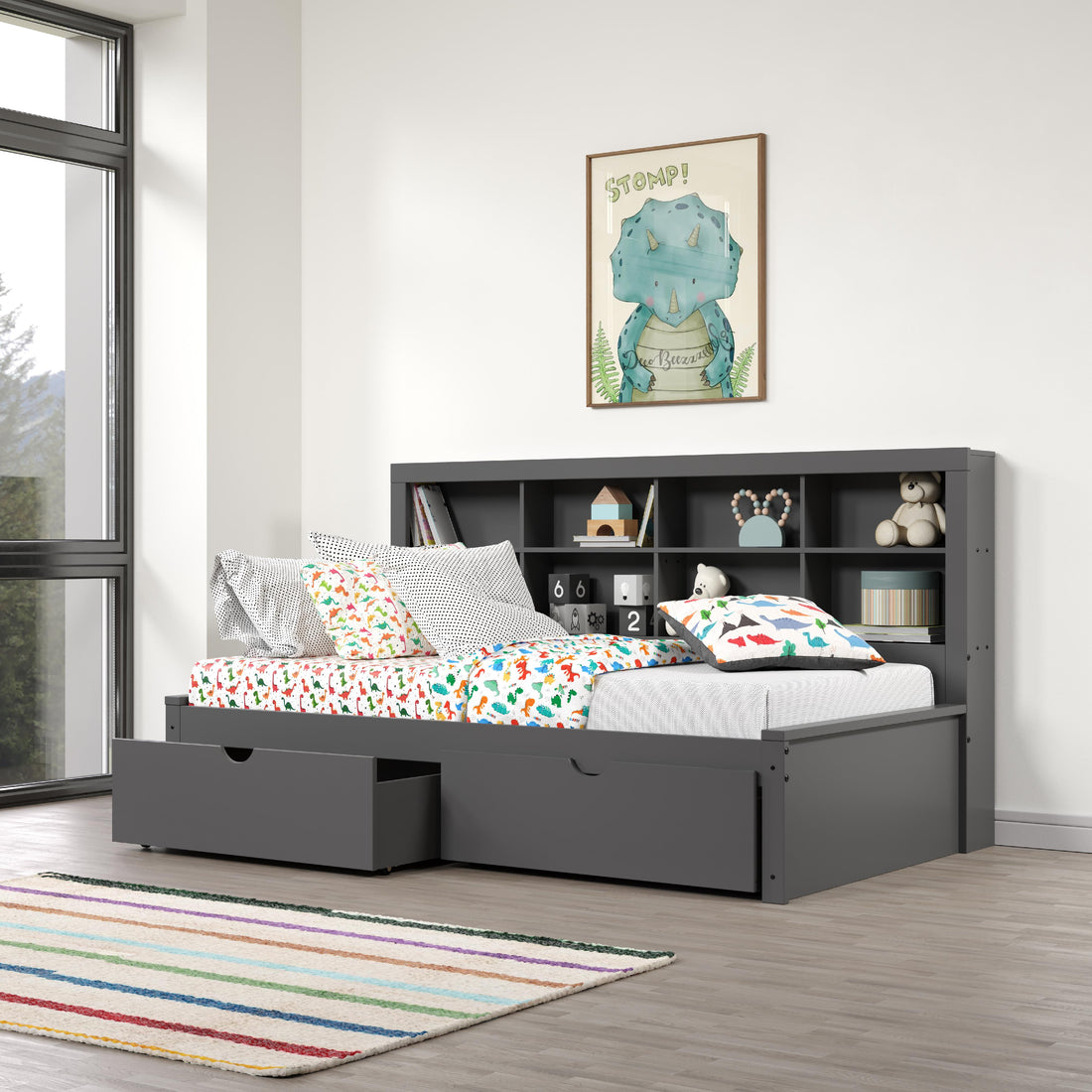  Donco Trading Company 1733-TDG_505-DG Bookcase Twin Daybed with Drawers - Dark Grey IMAGE 1