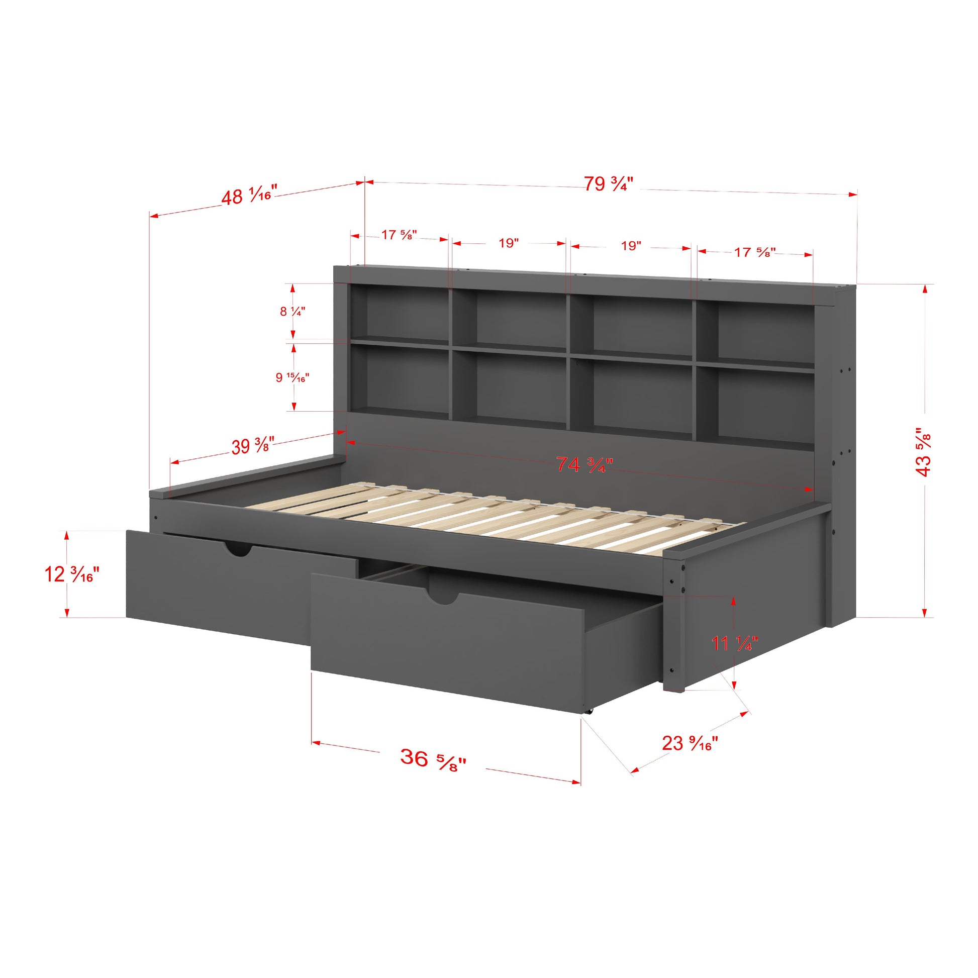  Donco Trading Company 1733-TDG_505-DG Bookcase Twin Daybed with Drawers - Dark Grey IMAGE 6