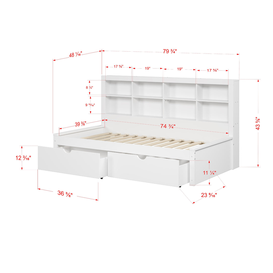  Donco Trading Company 1733-TW_505-W Bookcase Twin Daybed with Drawers - White IMAGE 1