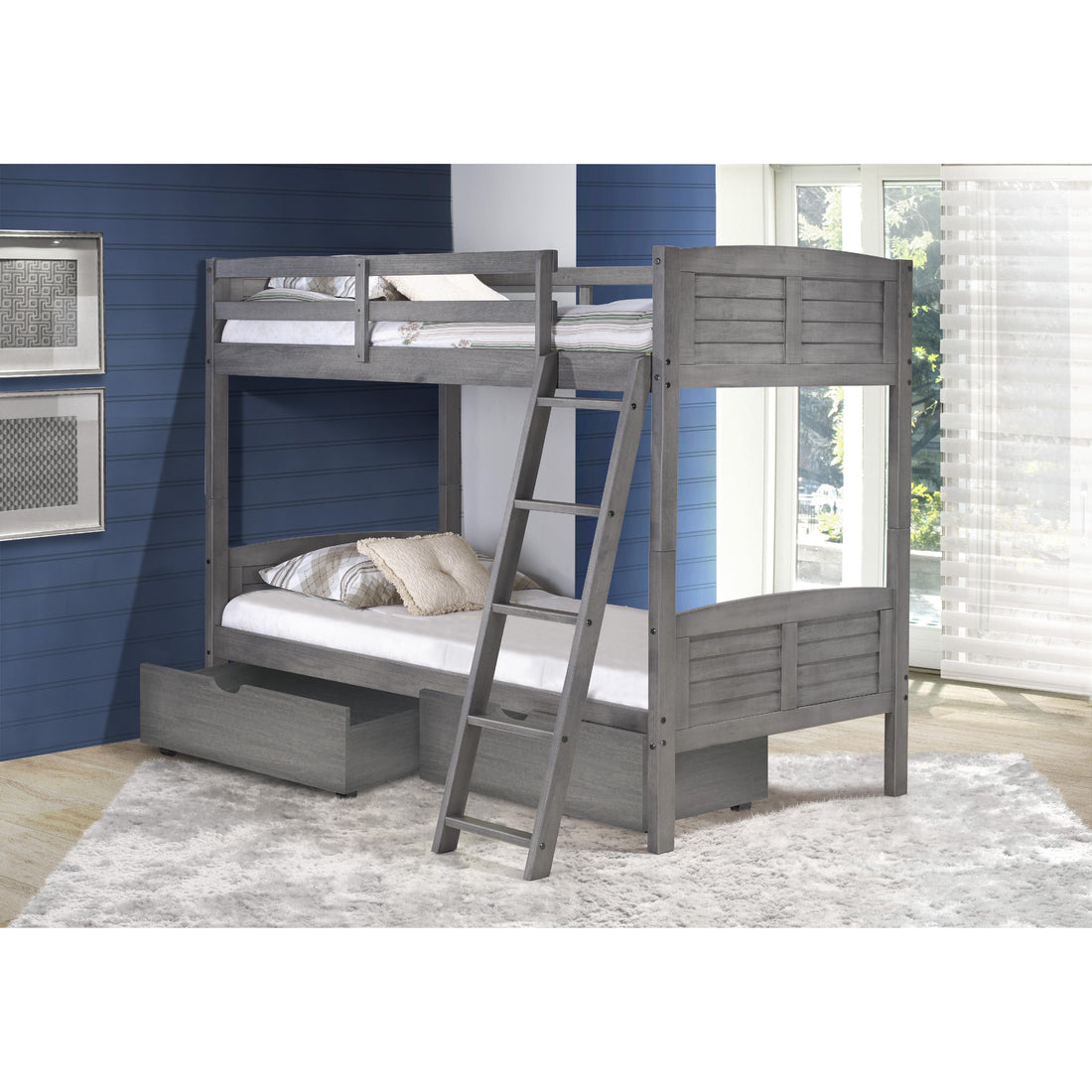  Donco Trading Company Louver 2010-TTAG_505-AG Twin over Twin Bunkbed with Drawers - Antique Grey IMAGE 1