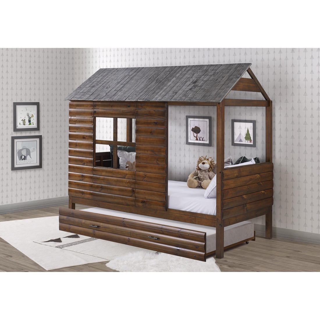  Donco Trading Company Log Cabin 2103-TRWRS_2104-RWRS Twin Low Loft with Twin Trundle - Rustic Walnut IMAGE 1