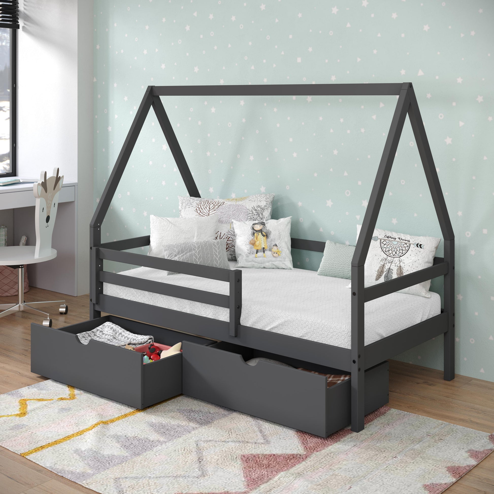  Donco Trading Company A-Frame 2310-TDG_505-DG Modern Twin House Bed with Drawers - Dark Grey IMAGE 3