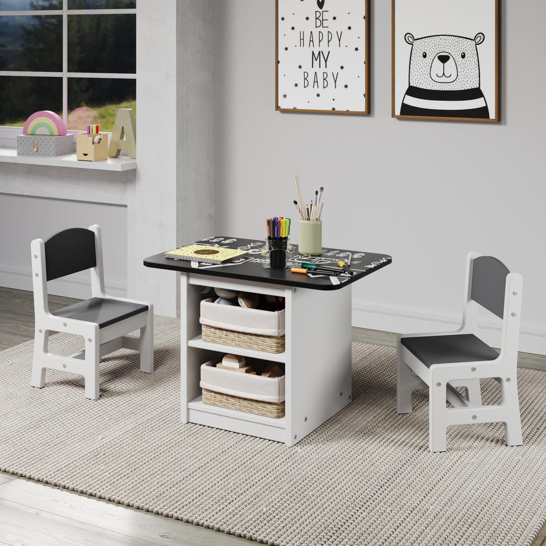  Donco Trading Company Art & Play 2453-W Chalkboard Table with Two Chairs Set - White IMAGE 1