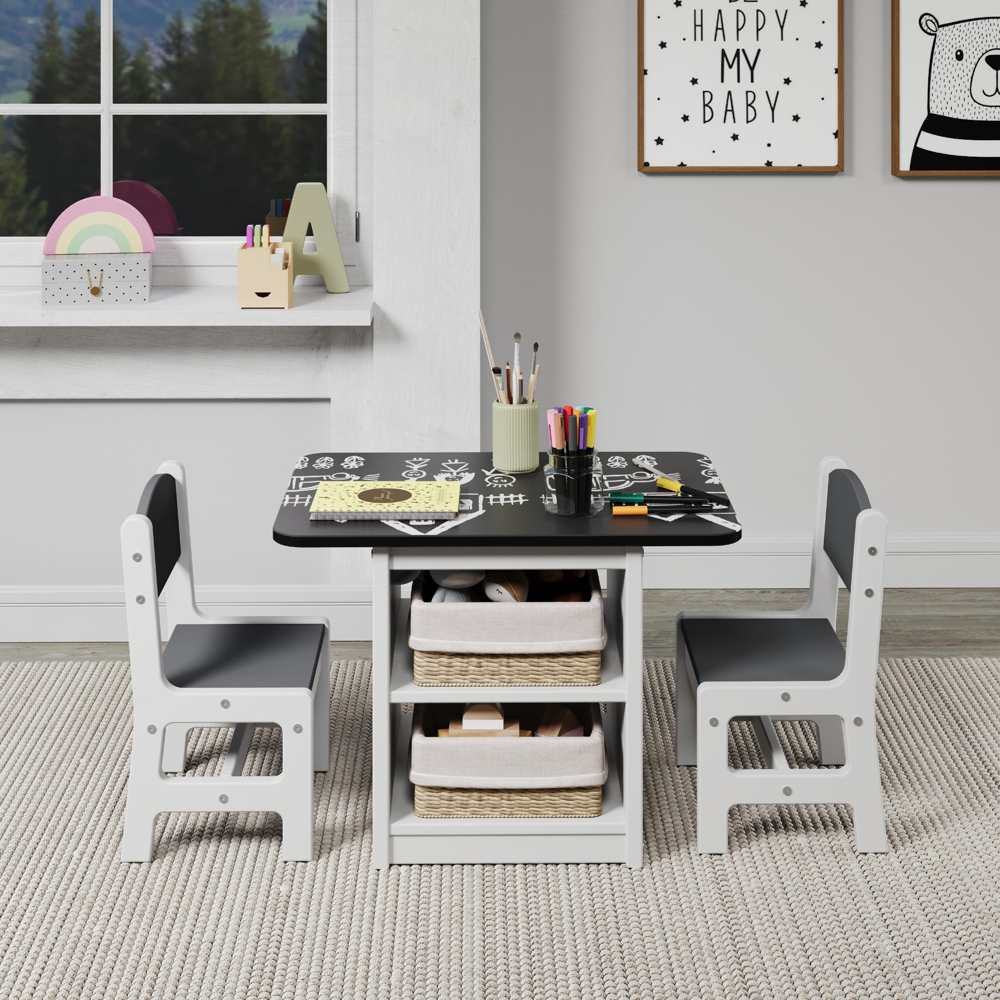  Donco Trading Company Art & Play 2453-W Chalkboard Table with Two Chairs Set - White IMAGE 3