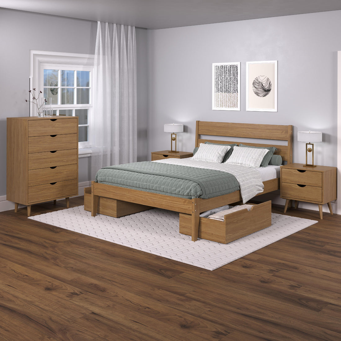  Donco Trading Company 2545-QUO_505-UO Low Board Queen Platform Bed with Drawers - Urban Oak IMAGE 1