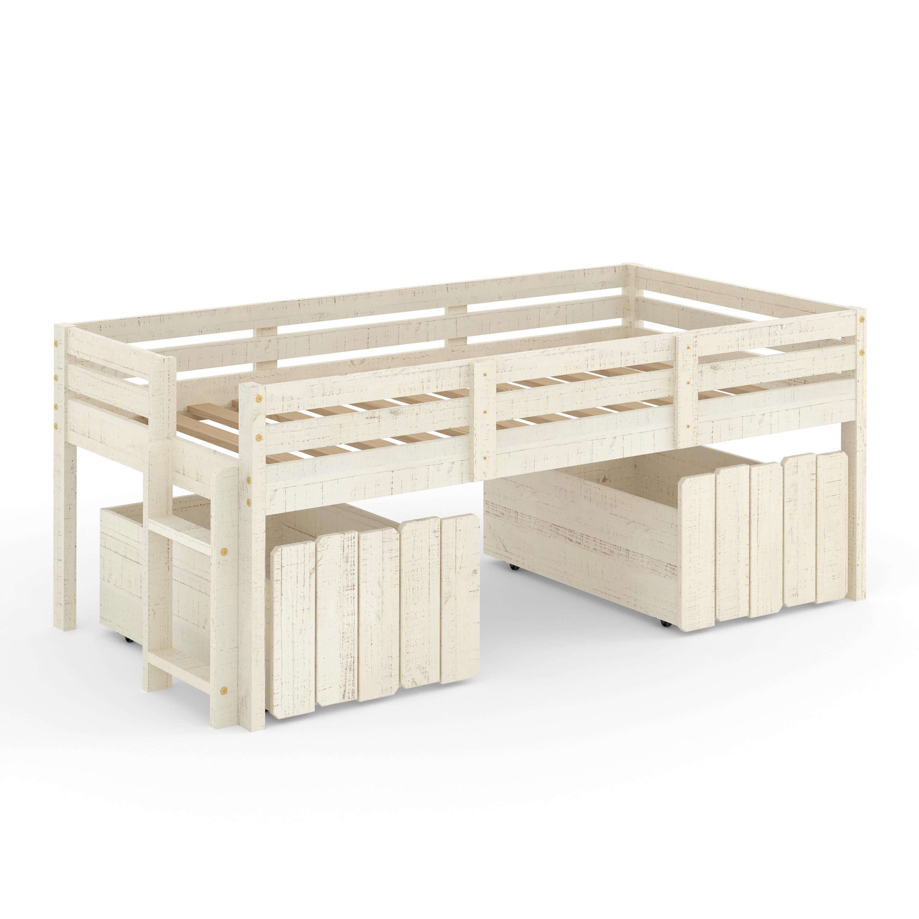  Donco Trading Company 2800-TRS_1381-RS Twin Low Loft Bed with Matching Toy Boxes - Rustic Sand IMAGE 1