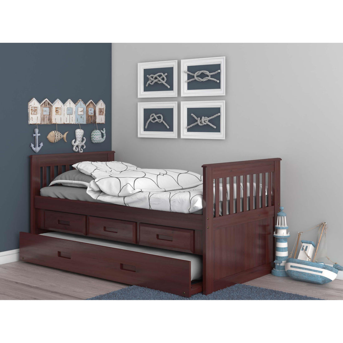  Donco Trading Company Rake Mission 2835-TM_2892-EKT_2890-TM Twin Bed with 3 Underbed Drawers & Twin Trundle - Merlot IMAGE 1
