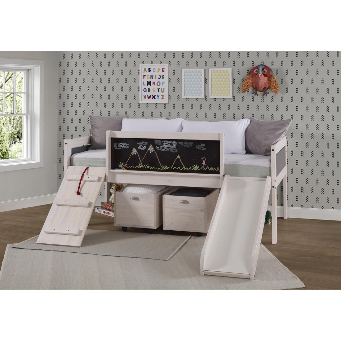  Donco Trading Company Art & Play 3005-TLWWDG_3005C-TLWWDG Twin Junior Low Loft Bed with Toy Boxes - White Wash/Dark Grey IMAGE 1