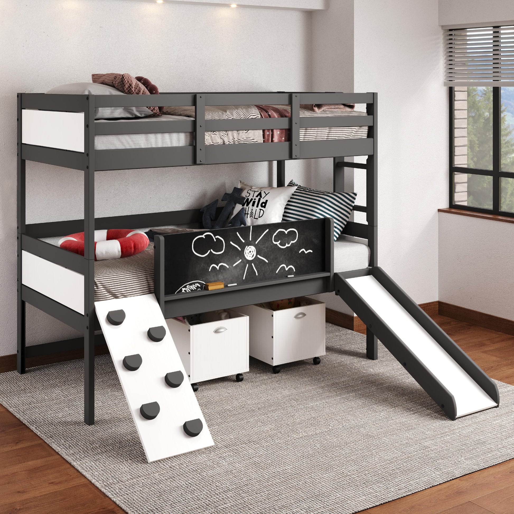  Donco Trading Company Art & Play 3006-TTDG_3005C-TLWWDG Twin over Twin Bunkbed with Two Junior Toy Boxes - Dark Grey IMAGE 1