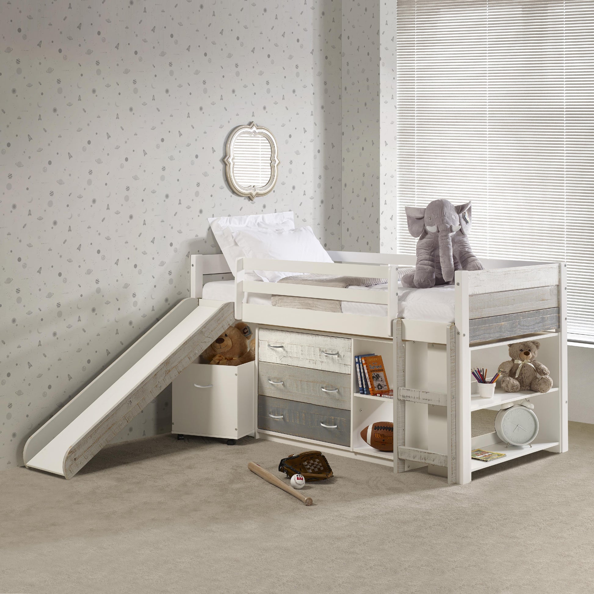  Donco Trading Company 5000-TGW Panel Twin Modular Low Loft with Slide & Storage - Greys/White IMAGE 1