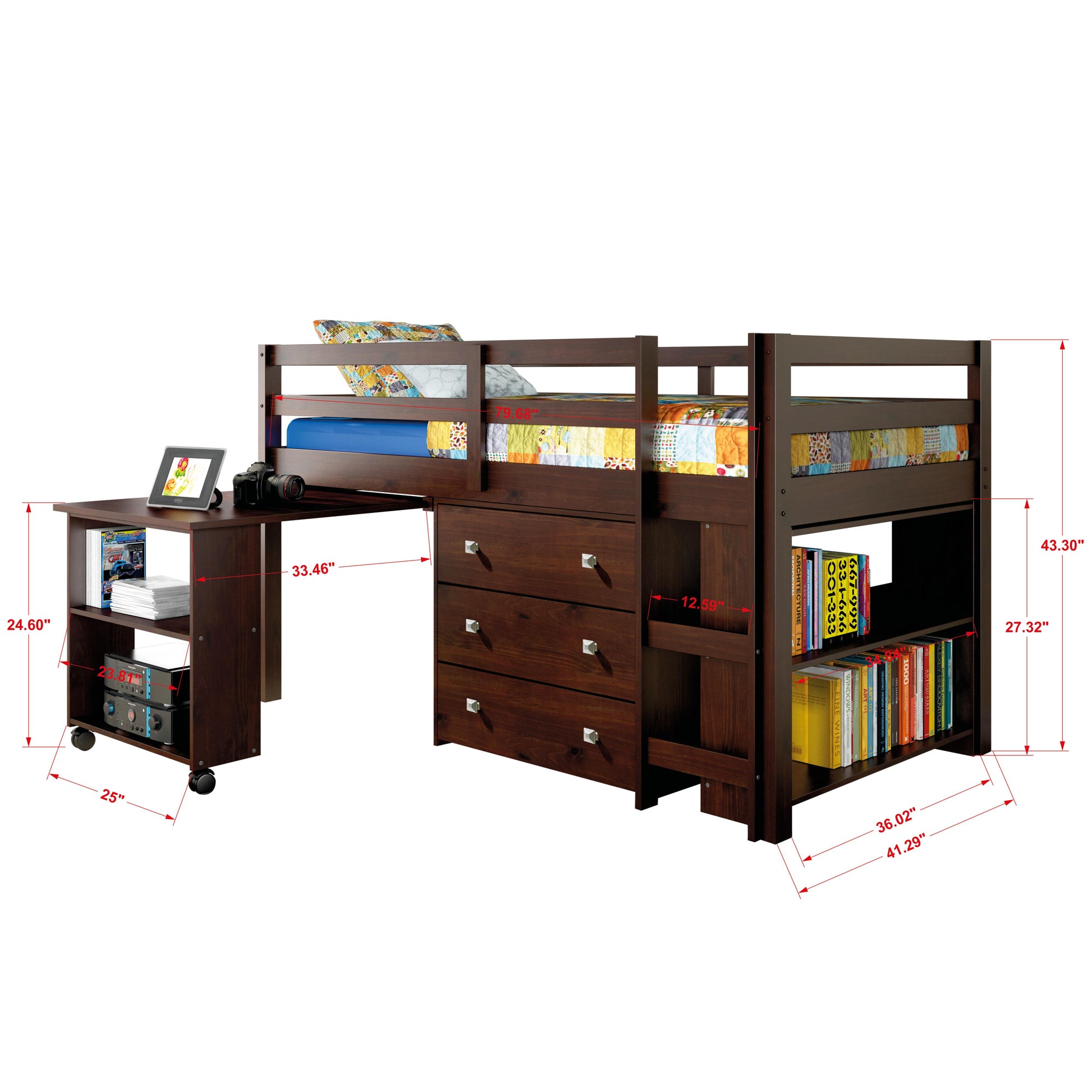  Donco Trading Company Study & Sleep 760-TCP Twin Low Loft Bed - Dark Cappuccino/Pink IMAGE 4
