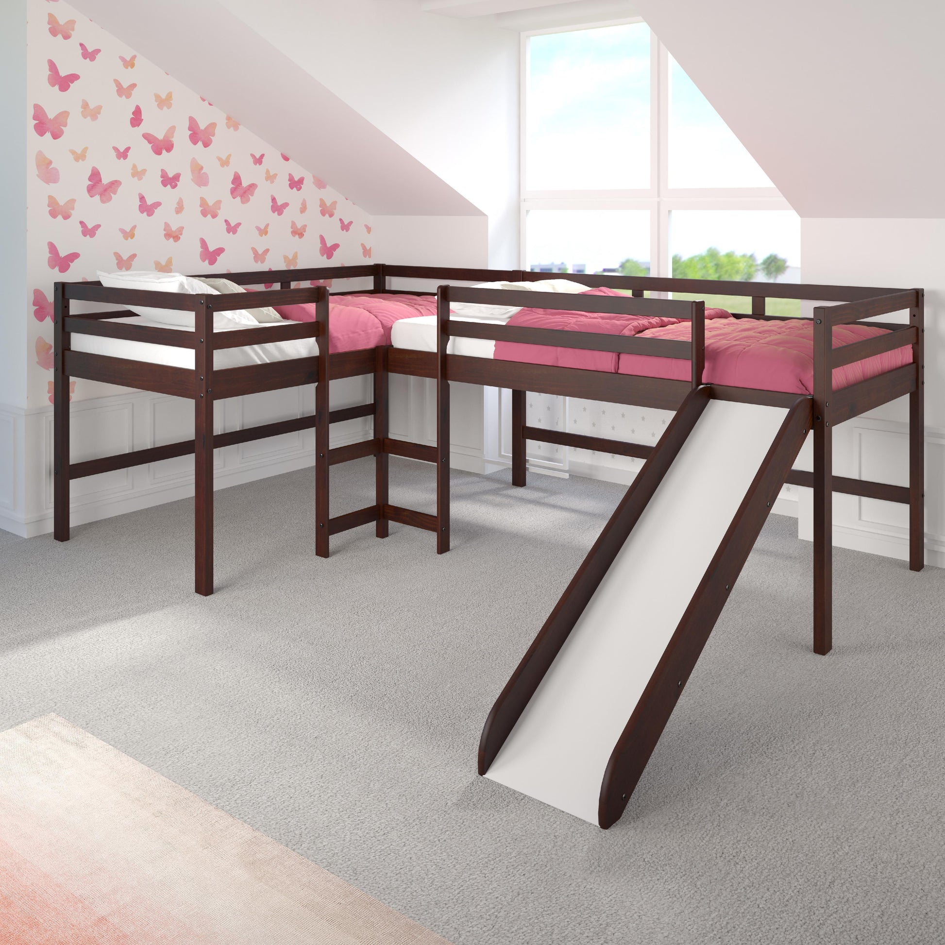  Donco Trading Company L-Series 7600-TTCP Twin Double Low Loft Beds with Slide - Dark Cappuccino IMAGE 1