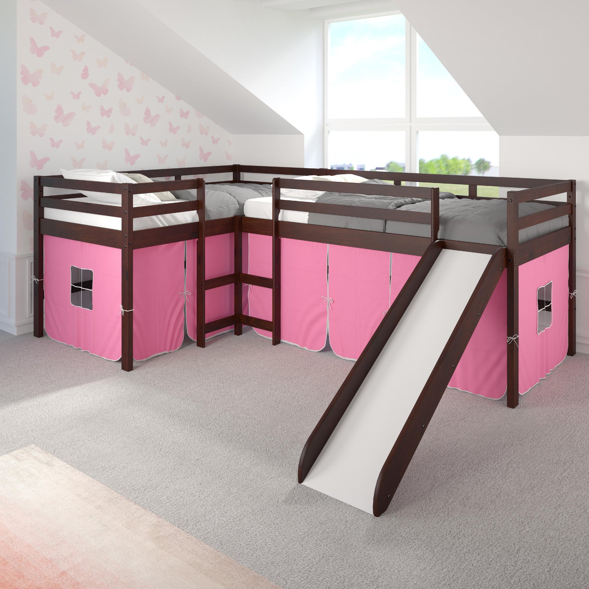  Donco Trading Company L-Series 7600-TTCP_765-TP Twin Double Low Loft Beds with Slide & Tent - Dark Cappuccino IMAGE 1
