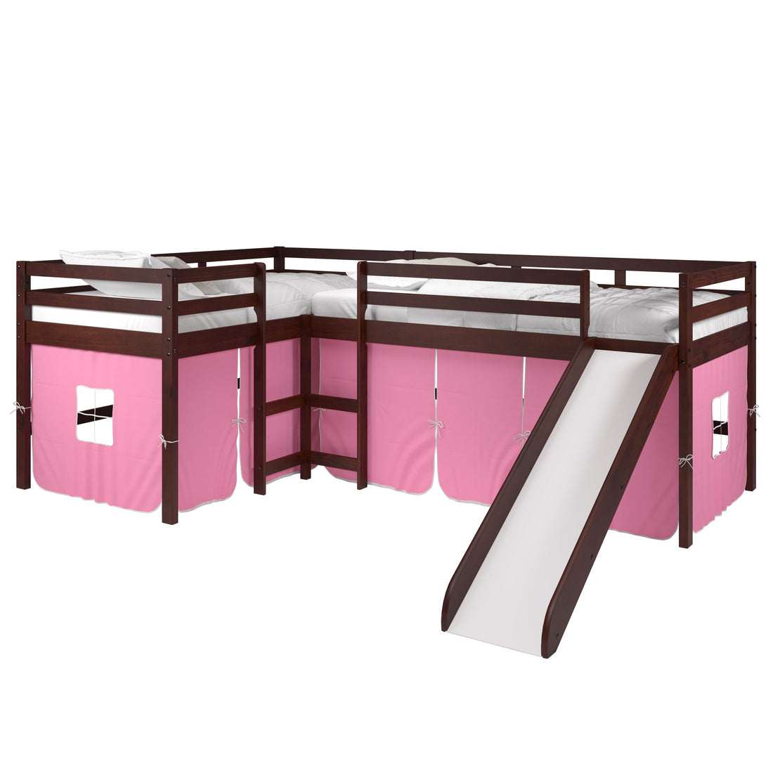  Donco Trading Company L-Series 7600-TTCP_765-TP Twin Double Low Loft Beds with Slide & Tent - Dark Cappuccino IMAGE 1