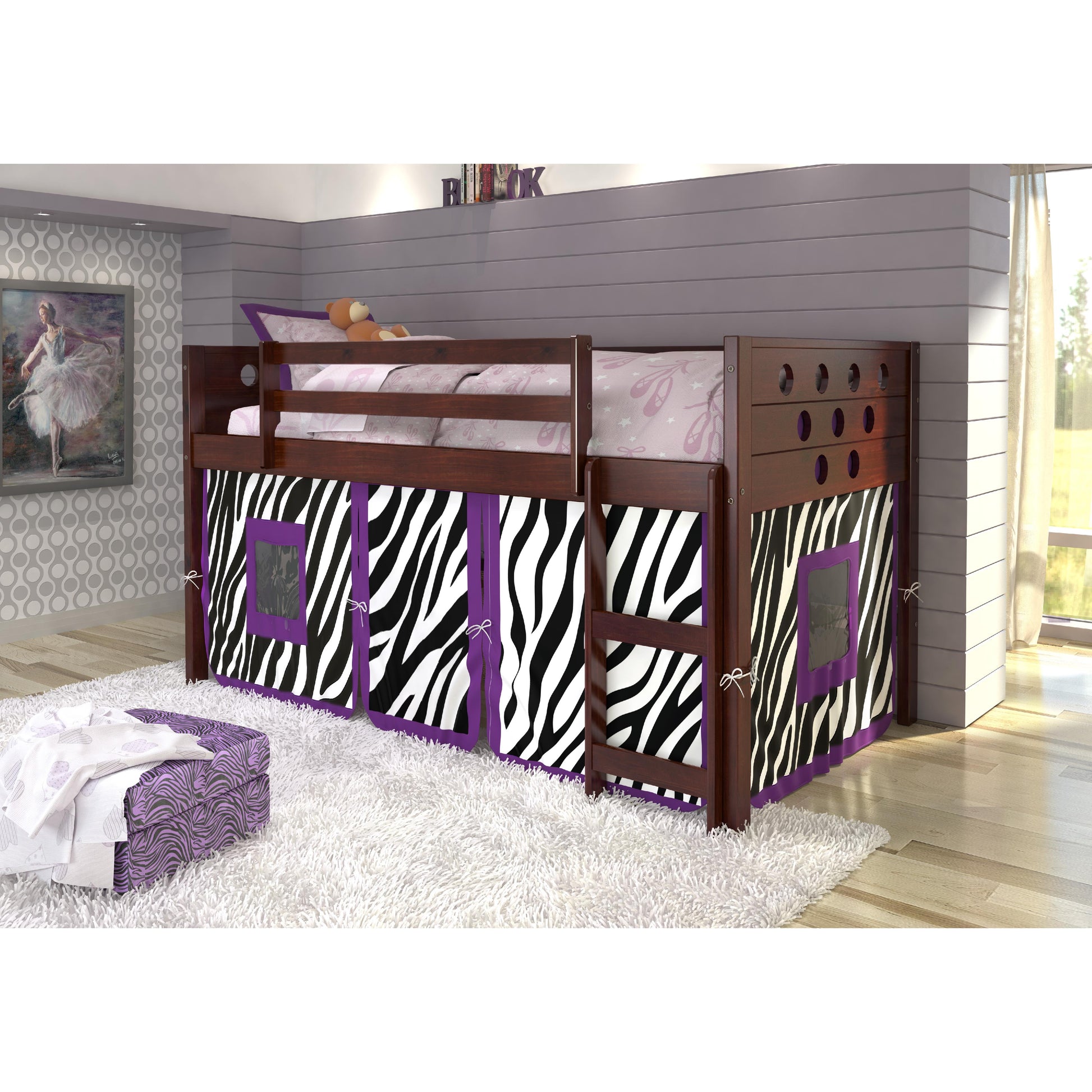  Donco Trading Company Circles 780A-TCP_750C-TZ Twin Low Loft Bed with Tent - Dark Cappuccino/Zebra IMAGE 1