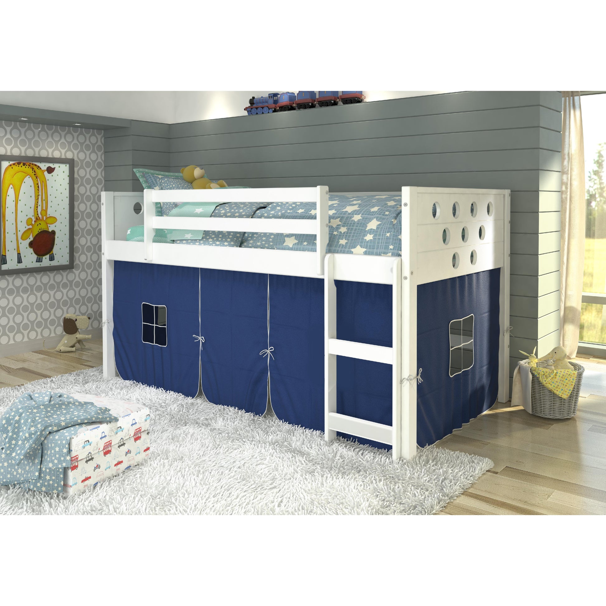  Donco Trading Company Circles 780A-TW_750C-TB Twin Low Loft Bed with Tent - White/Blue IMAGE 1