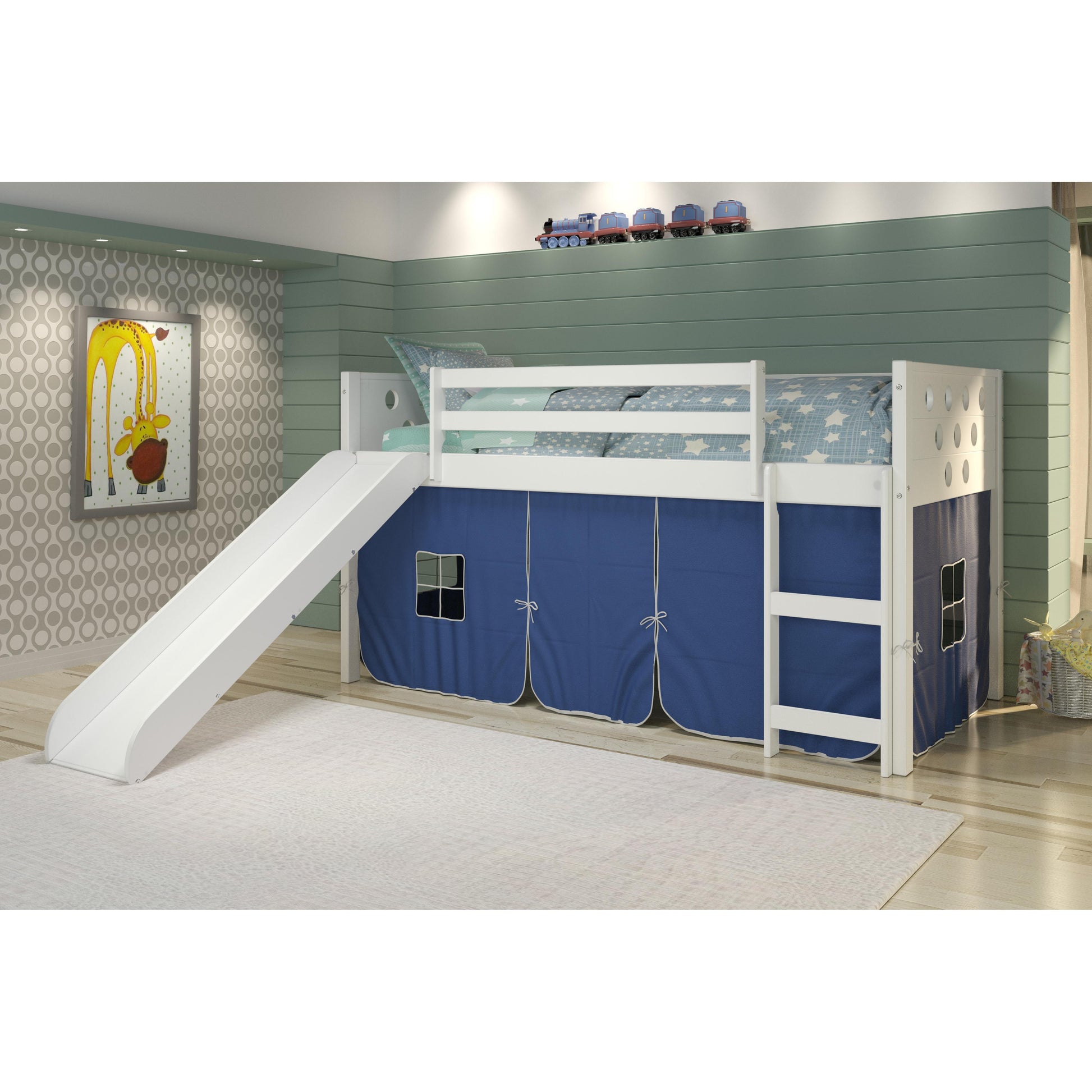  Donco Trading Company Circles 780A-TW_750C-TB_785-W Twin Low Loft Bed with Slide & Tent - White/Blue IMAGE 1