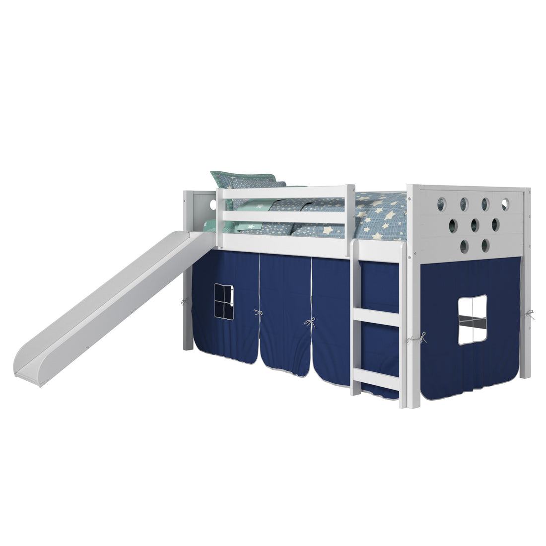  Donco Trading Company Circles 780A-TW_750C-TB_785-W Twin Low Loft Bed with Slide & Tent - White/Blue IMAGE 1