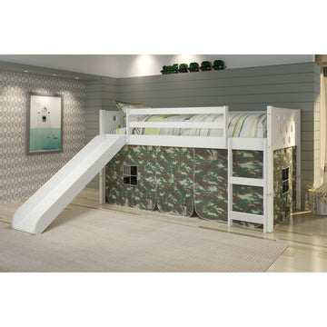  Donco Trading Company Circles 780A-TW_750C-TC_785-W Twin Low Loft Bed with Slide & Tent - White/Camo IMAGE 1
