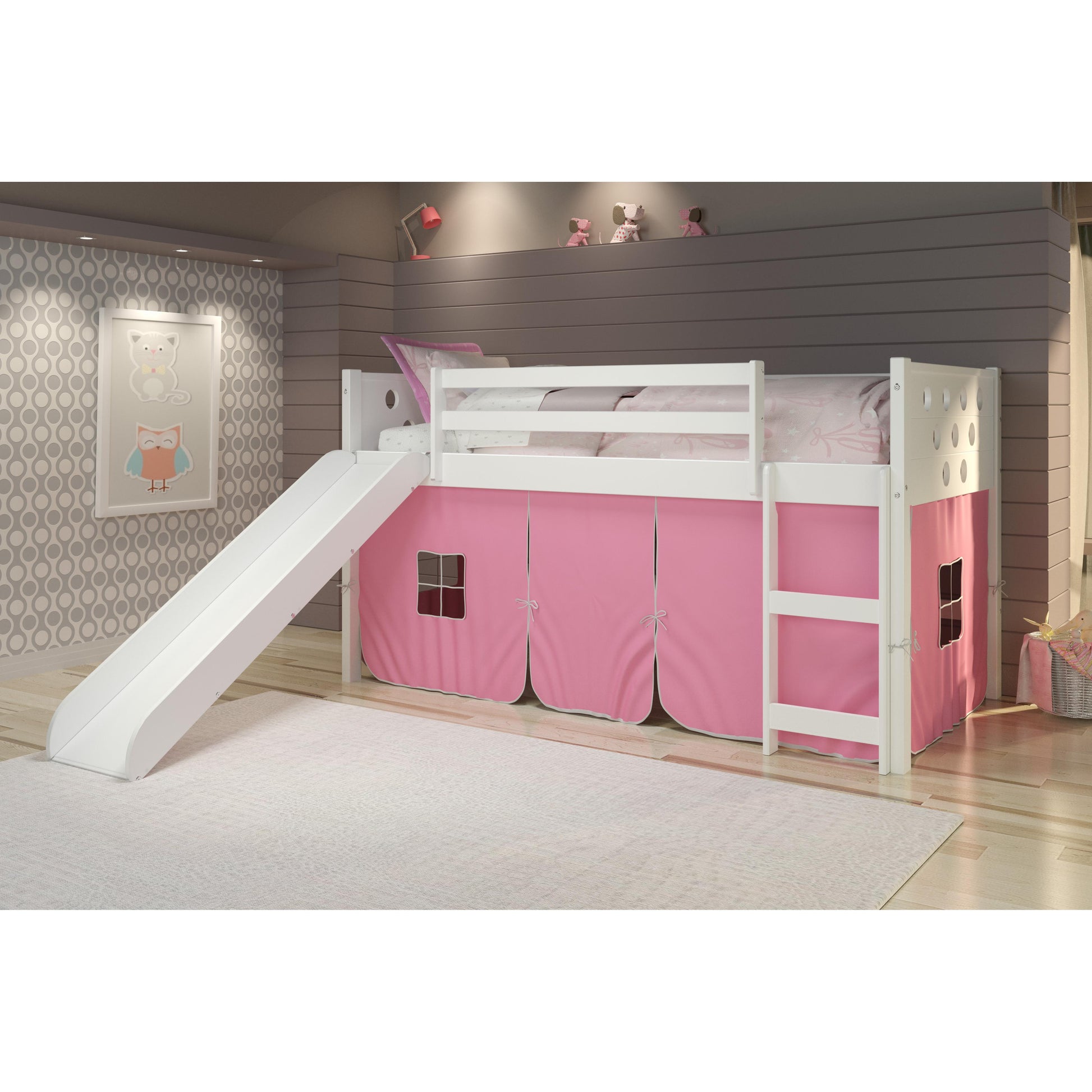 Donco Trading Company Circles 780A-TW_750C-TP_785-W Twin Low Loft Bed with Slide & Tent - White/Pink IMAGE 1