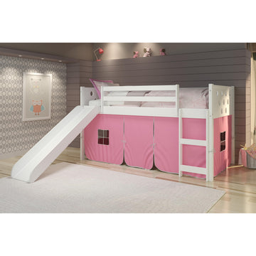  Donco Trading Company Circles 780A-TW_750C-TP_785-W Twin Low Loft Bed with Slide & Tent - White/Pink IMAGE 1