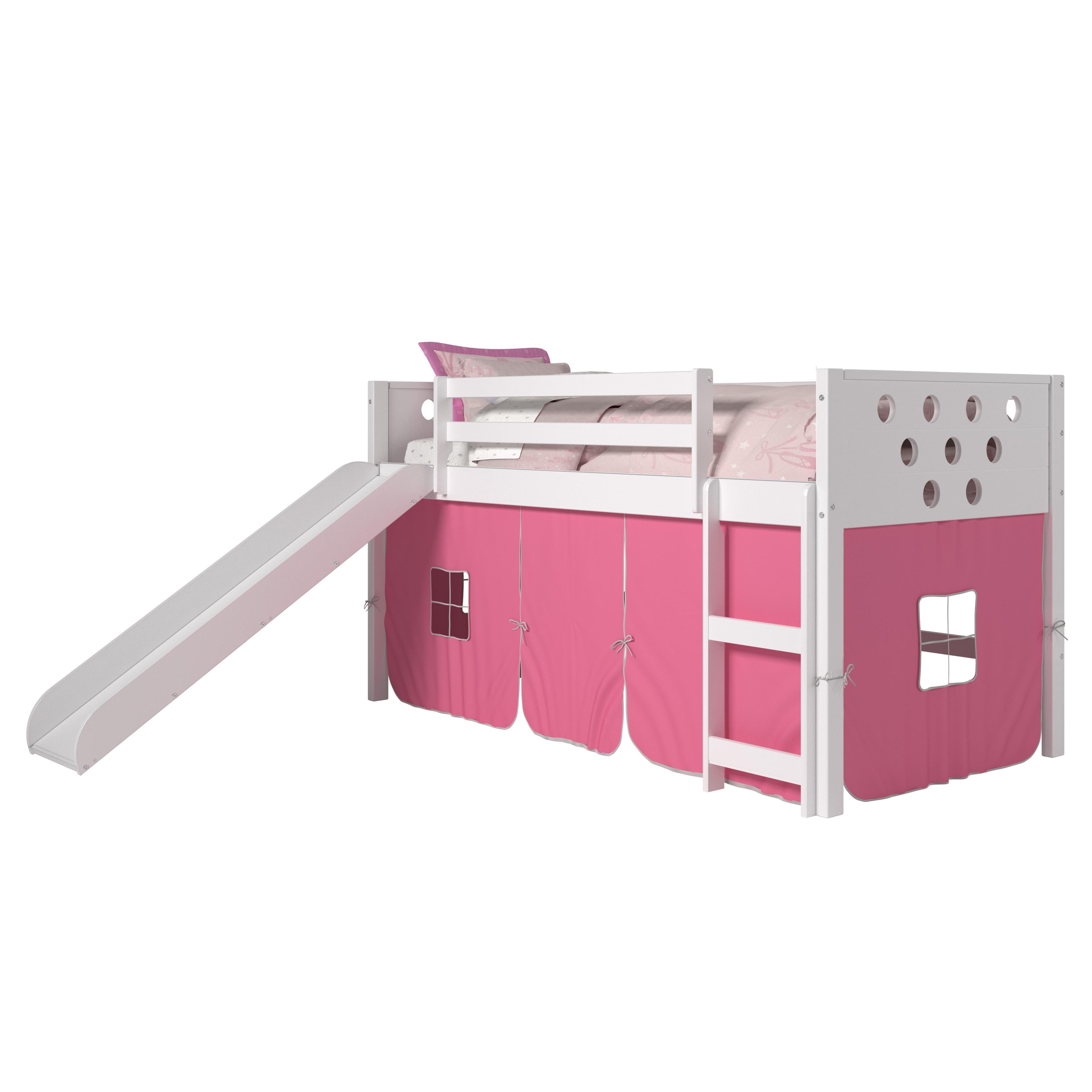  Donco Trading Company Circles 780A-TW_750C-TP_785-W Twin Low Loft Bed with Slide & Tent - White/Pink IMAGE 2