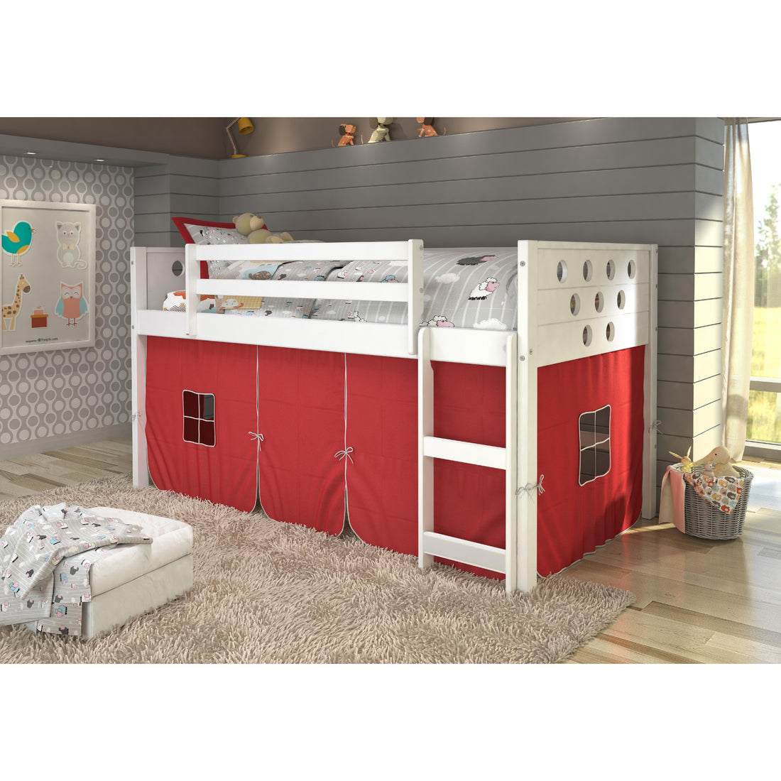  Donco Trading Company Circles 780A-TW_750C-TR Twin Low Loft Bed with Tent - White/Red IMAGE 1