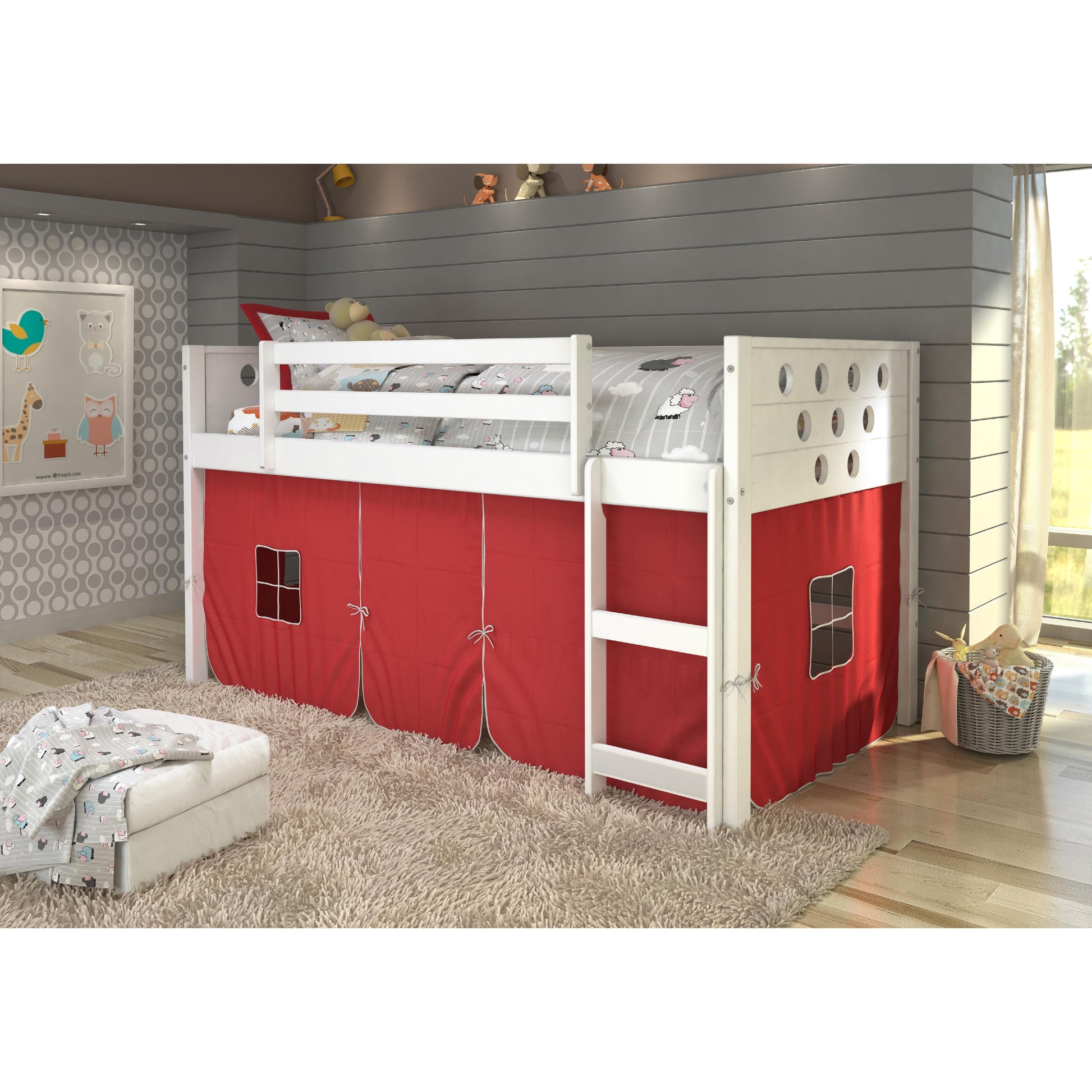  Donco Trading Company Circles 780A-TW_750C-TR Twin Low Loft Bed with Tent - White/Red IMAGE 1