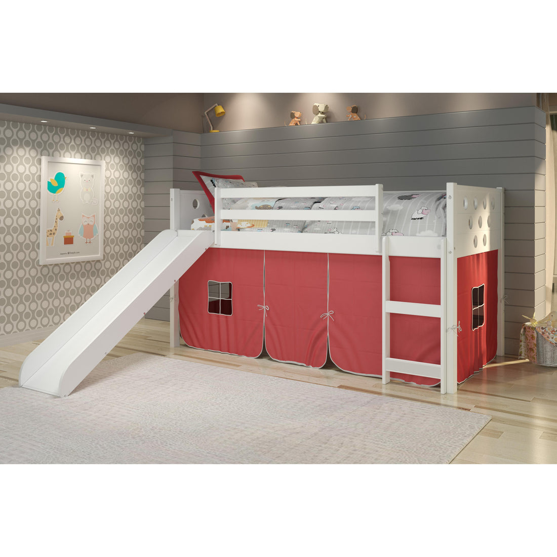  Donco Trading Company Circles 780A-TW_750C-TR_785-W Twin Low Loft Bed with Slide & Tent - White/Red IMAGE 1