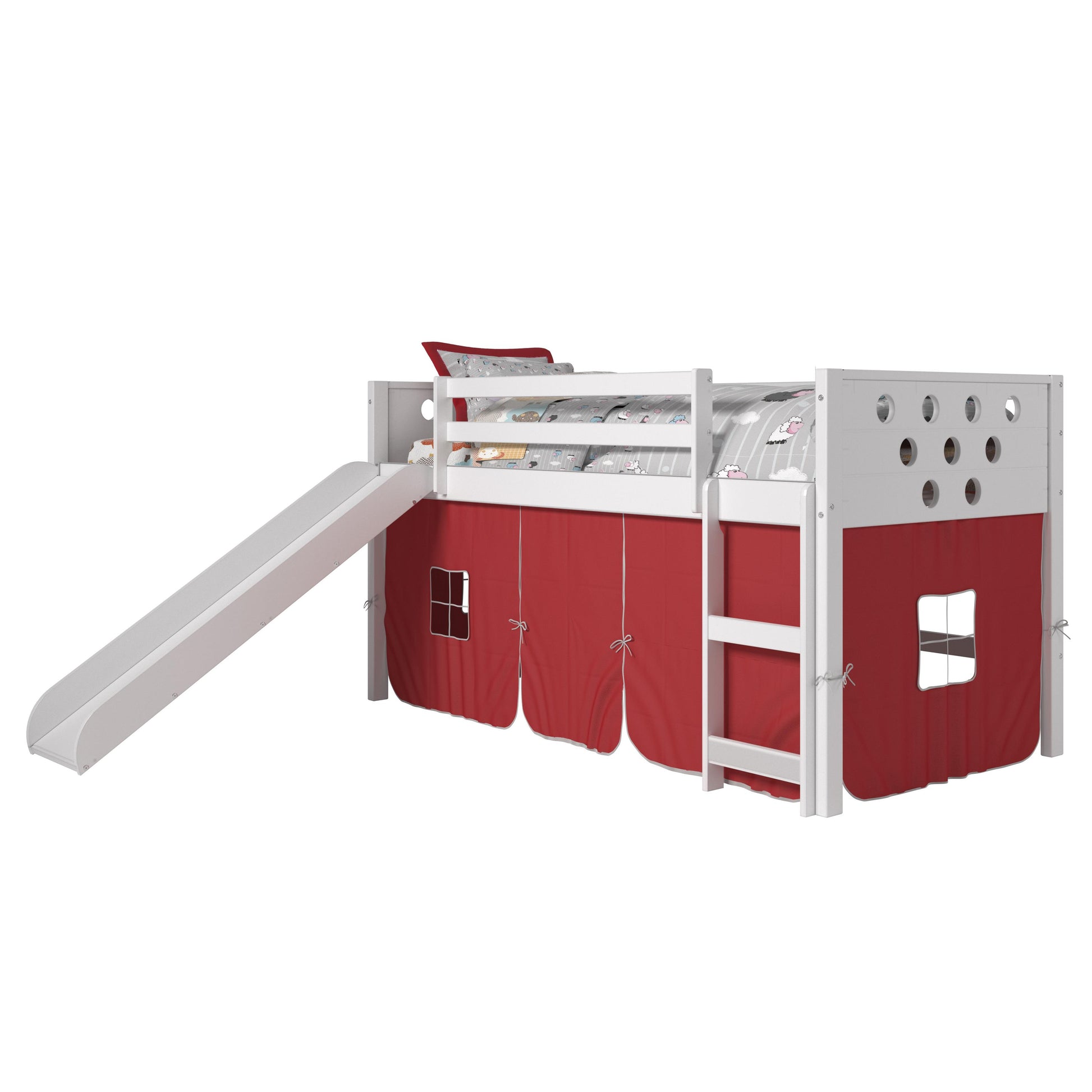  Donco Trading Company Circles 780A-TW_750C-TR_785-W Twin Low Loft Bed with Slide & Tent - White/Red IMAGE 2
