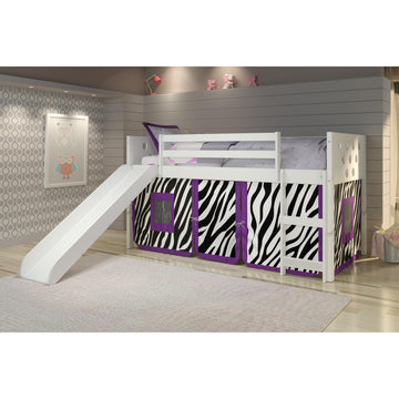  Donco Trading Company Circles 780A-TW_750C-TZ_785-W Twin Low Loft Bed with Slide & Tent - White/Zebra IMAGE 1
