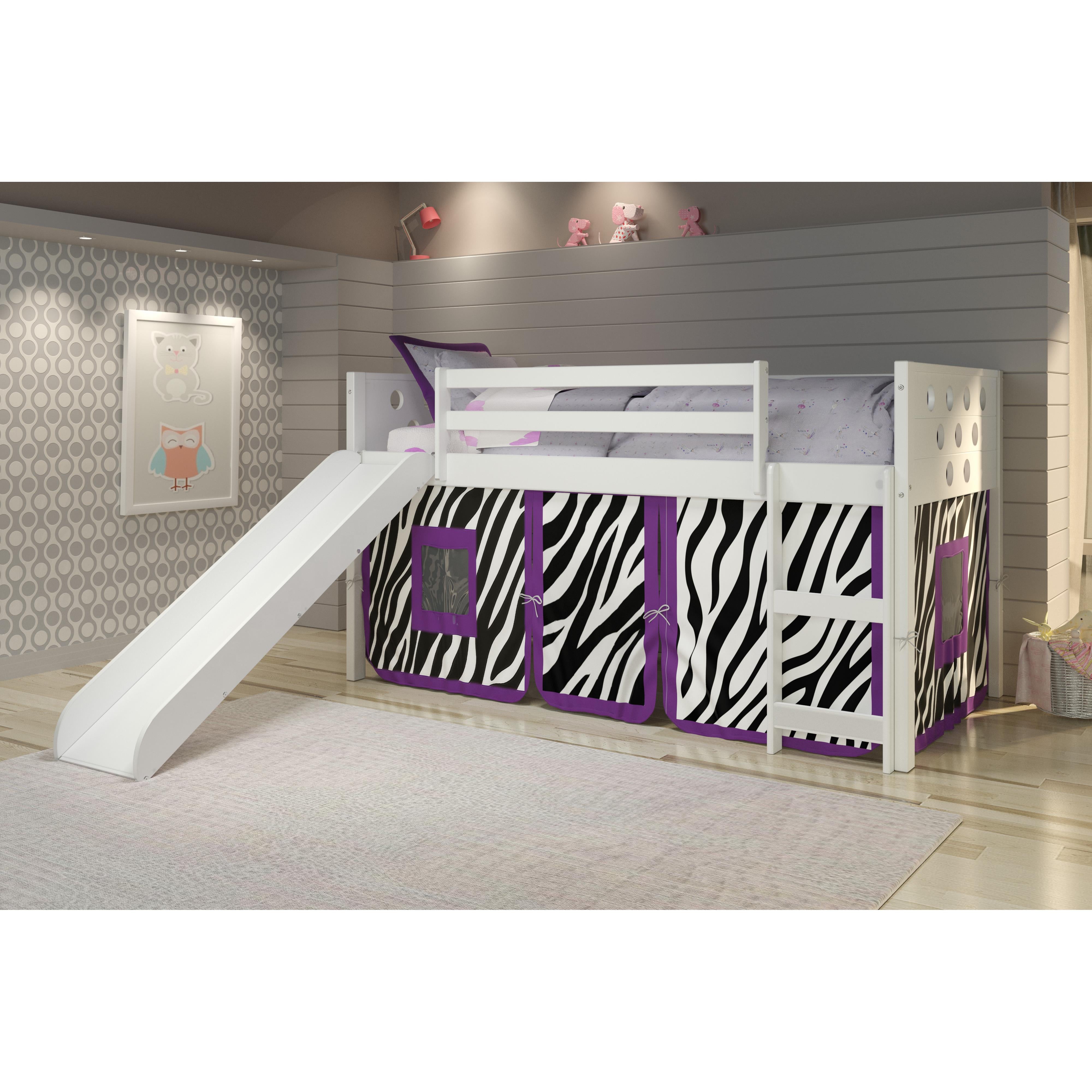  Donco Trading Company Circles 780A-TW_750C-TZ_785-W Twin Low Loft Bed with Slide & Tent - White/Zebra IMAGE 1