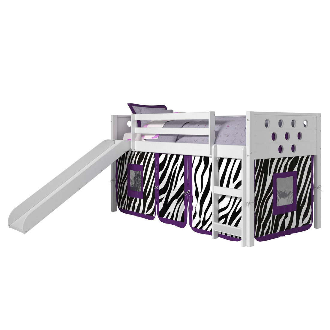  Donco Trading Company Circles 780A-TW_750C-TZ_785-W Twin Low Loft Bed with Slide & Tent - White/Zebra IMAGE 1