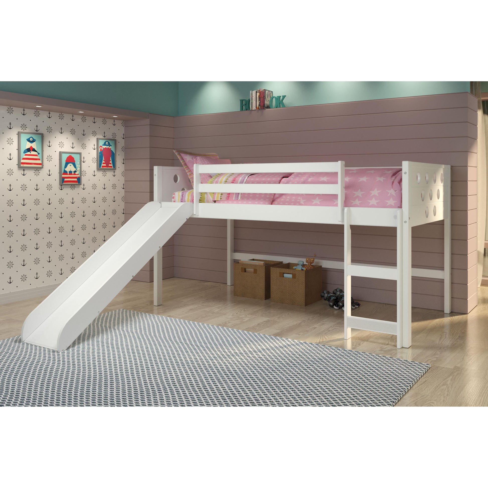  Donco Trading Company Circles 780A-TW_785-W Twin Low Loft Bed with Slide - White IMAGE 1