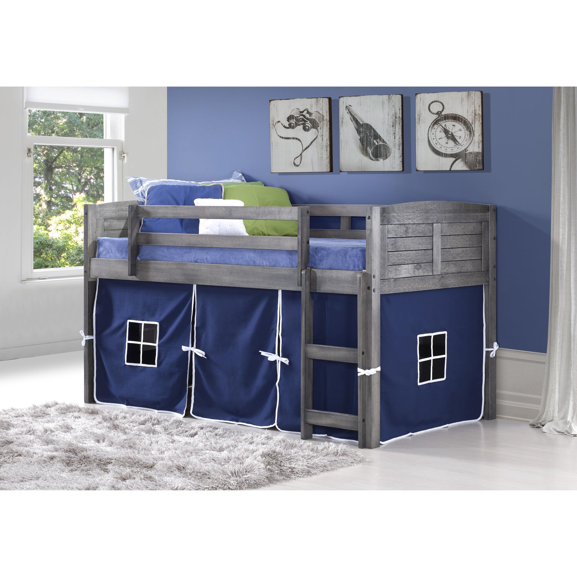  Donco Trading Company Louver 790-AAG_750C-TB Twin Low Loft Bed with Tent - Antique Grey/Blue IMAGE 1