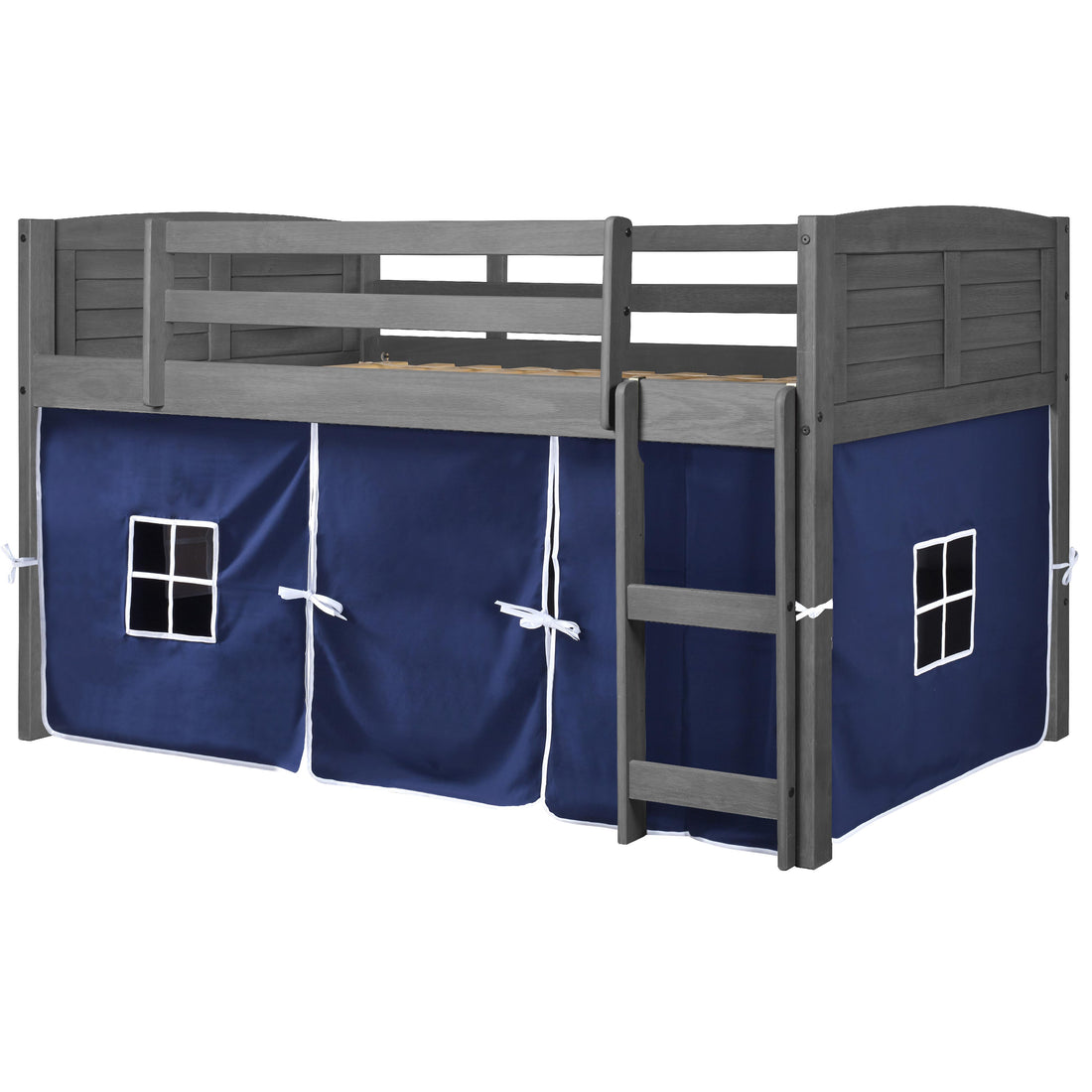  Donco Trading Company Louver 790-AAG_750C-TB Twin Low Loft Bed with Tent - Antique Grey/Blue IMAGE 1