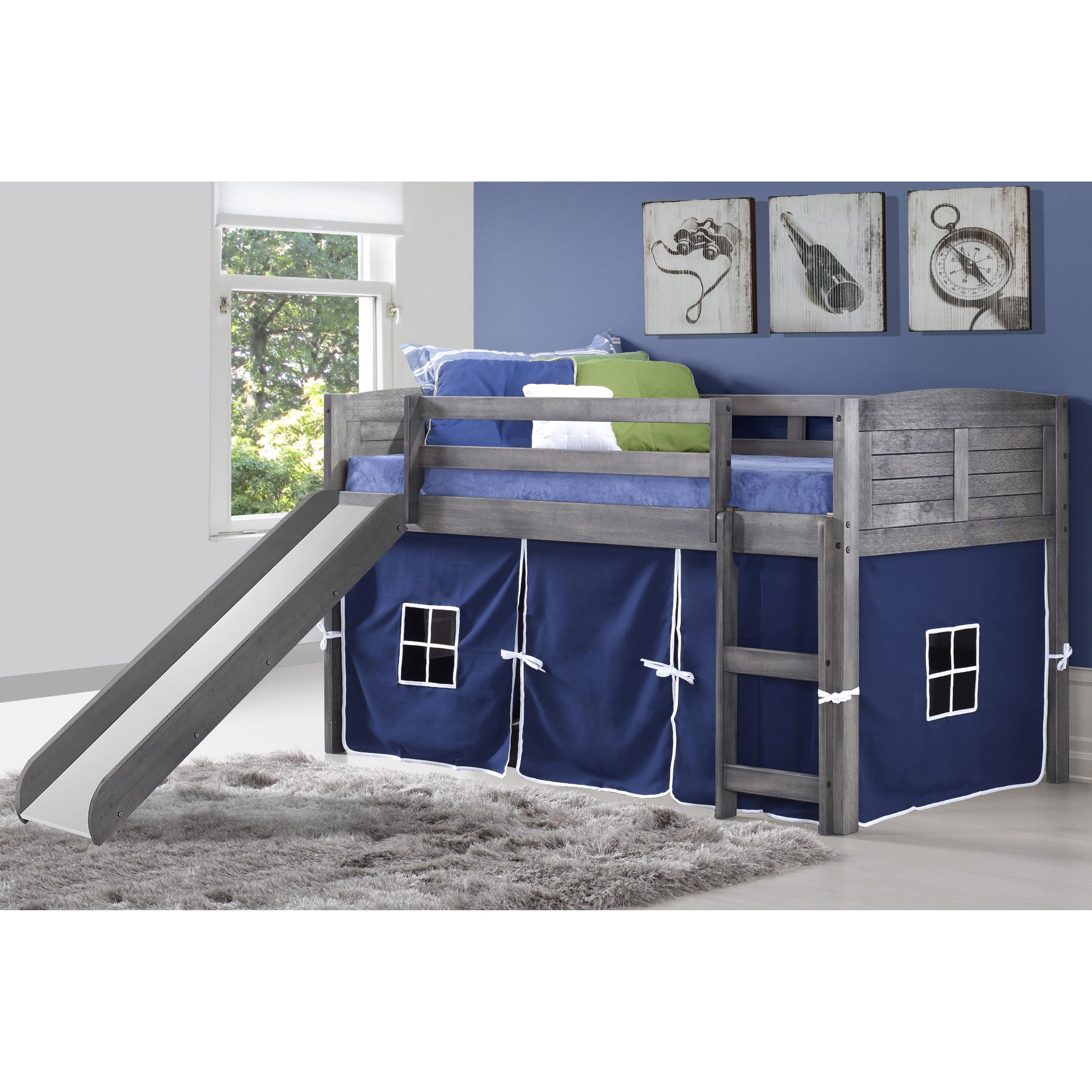  Donco Trading Company Louver 790-AAG_750C-TB_785-AG Twin Low Loft Bed with Slide & Tent - Antique Grey/Blue IMAGE 2