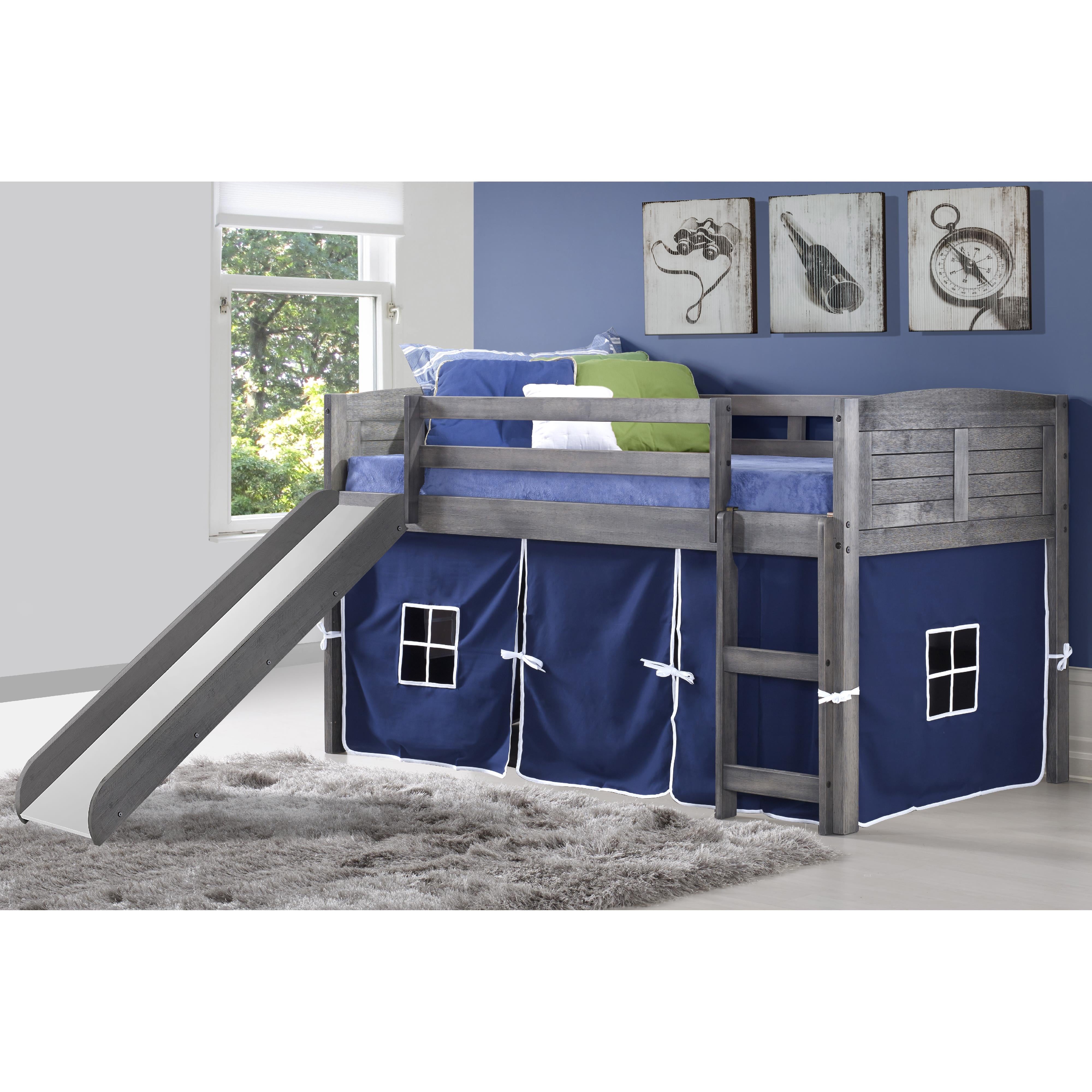  Donco Trading Company Louver 790-AAG_750C-TB_785-AG Twin Low Loft Bed with Slide & Tent - Antique Grey/Blue IMAGE 2