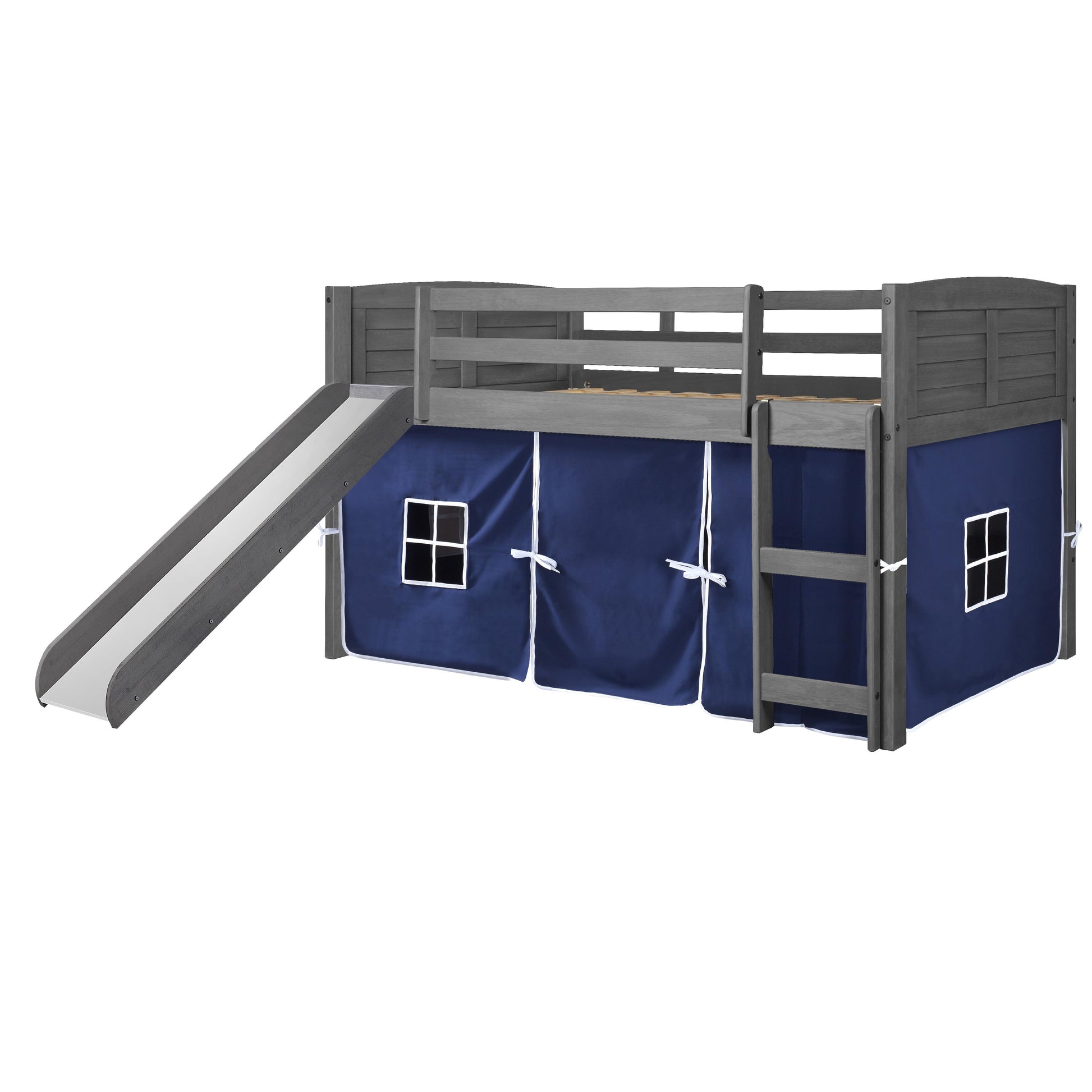  Donco Trading Company Louver 790-AAG_750C-TB_785-AG Twin Low Loft Bed with Slide & Tent - Antique Grey/Blue IMAGE 3