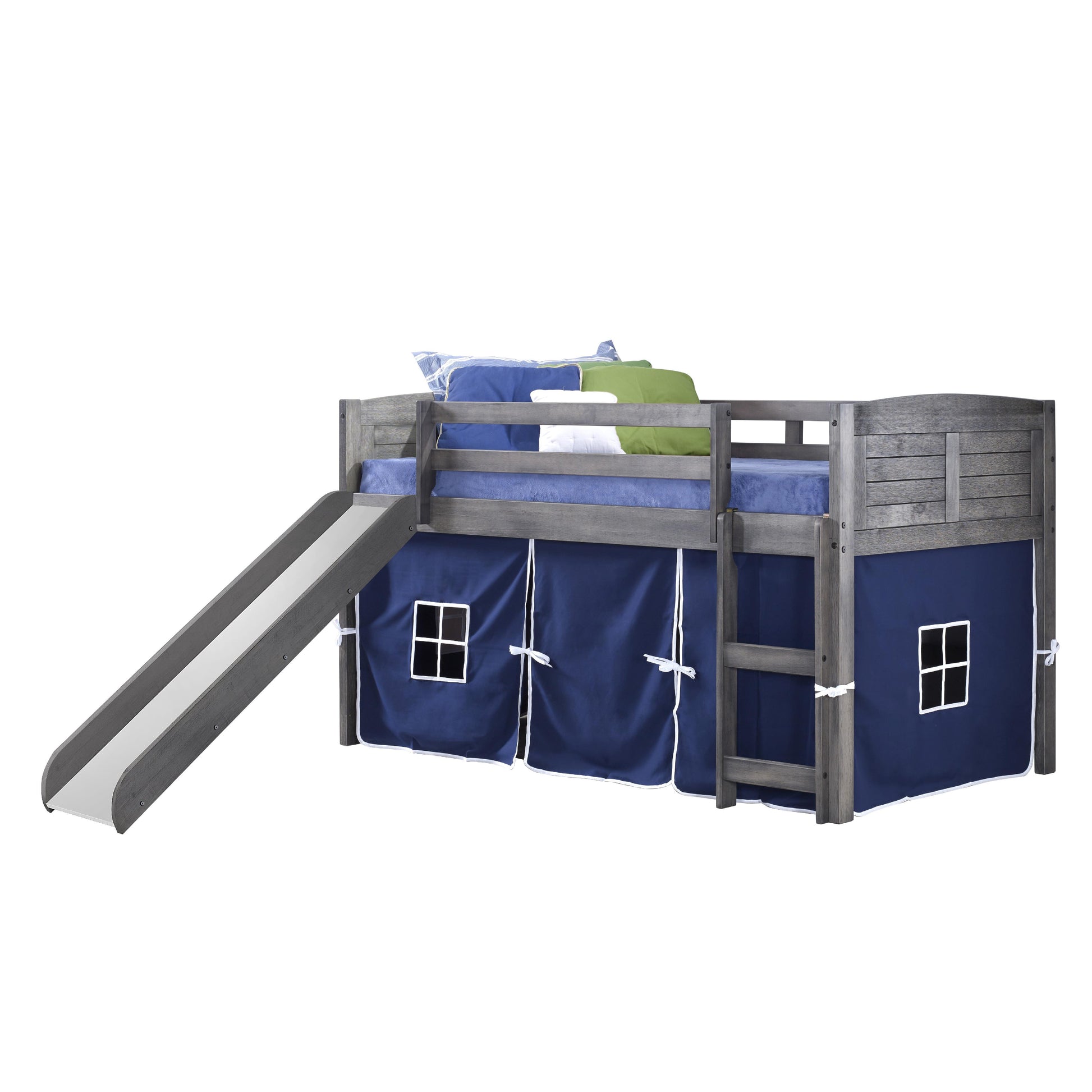  Donco Trading Company Louver 790-AAG_750C-TB_785-AG Twin Low Loft Bed with Slide & Tent - Antique Grey/Blue IMAGE 4