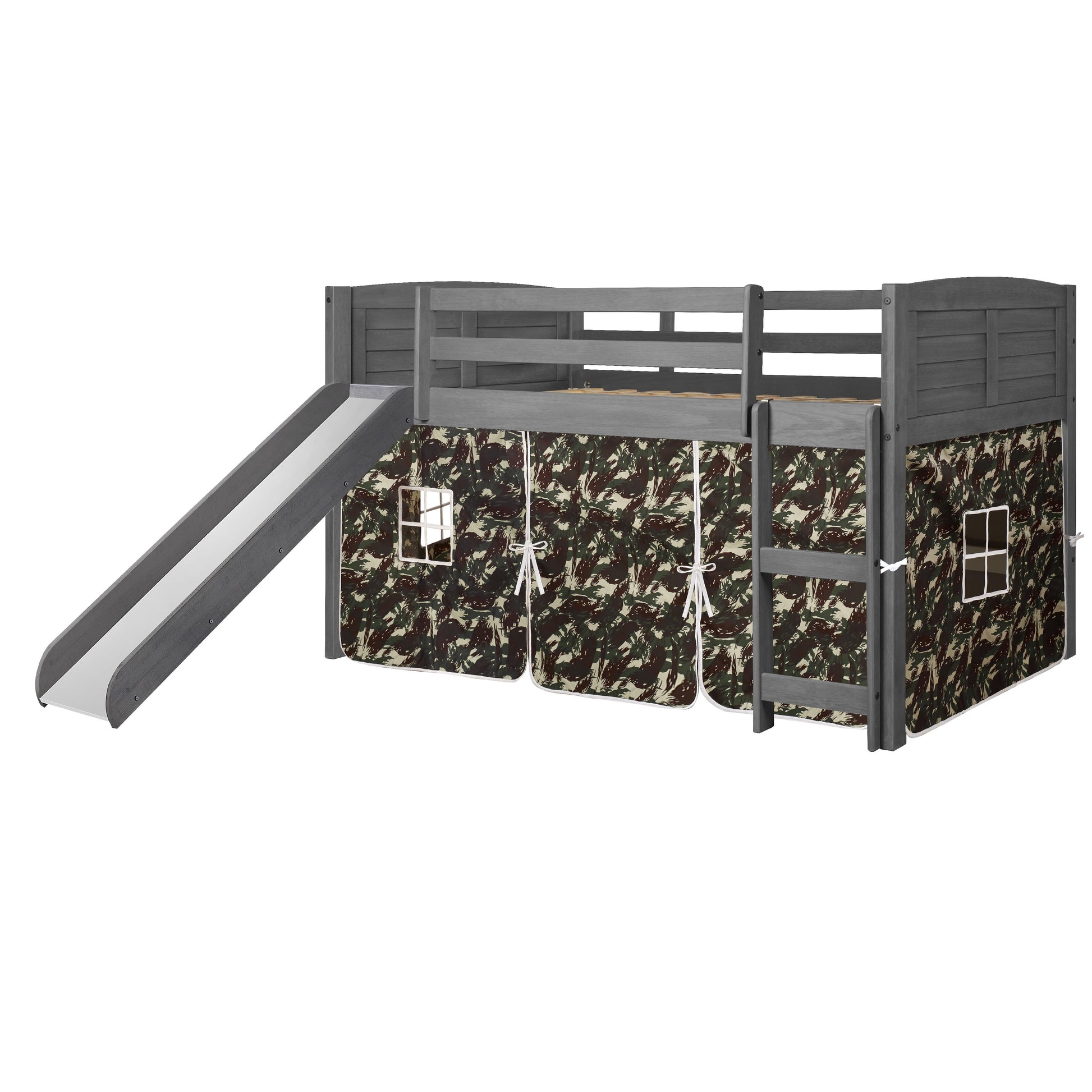  Donco Trading Company Louver 790-AAG_750C-TC_785-AG Twin Low Loft Bed with Slide & Tent - Antique Grey/Camo IMAGE 3