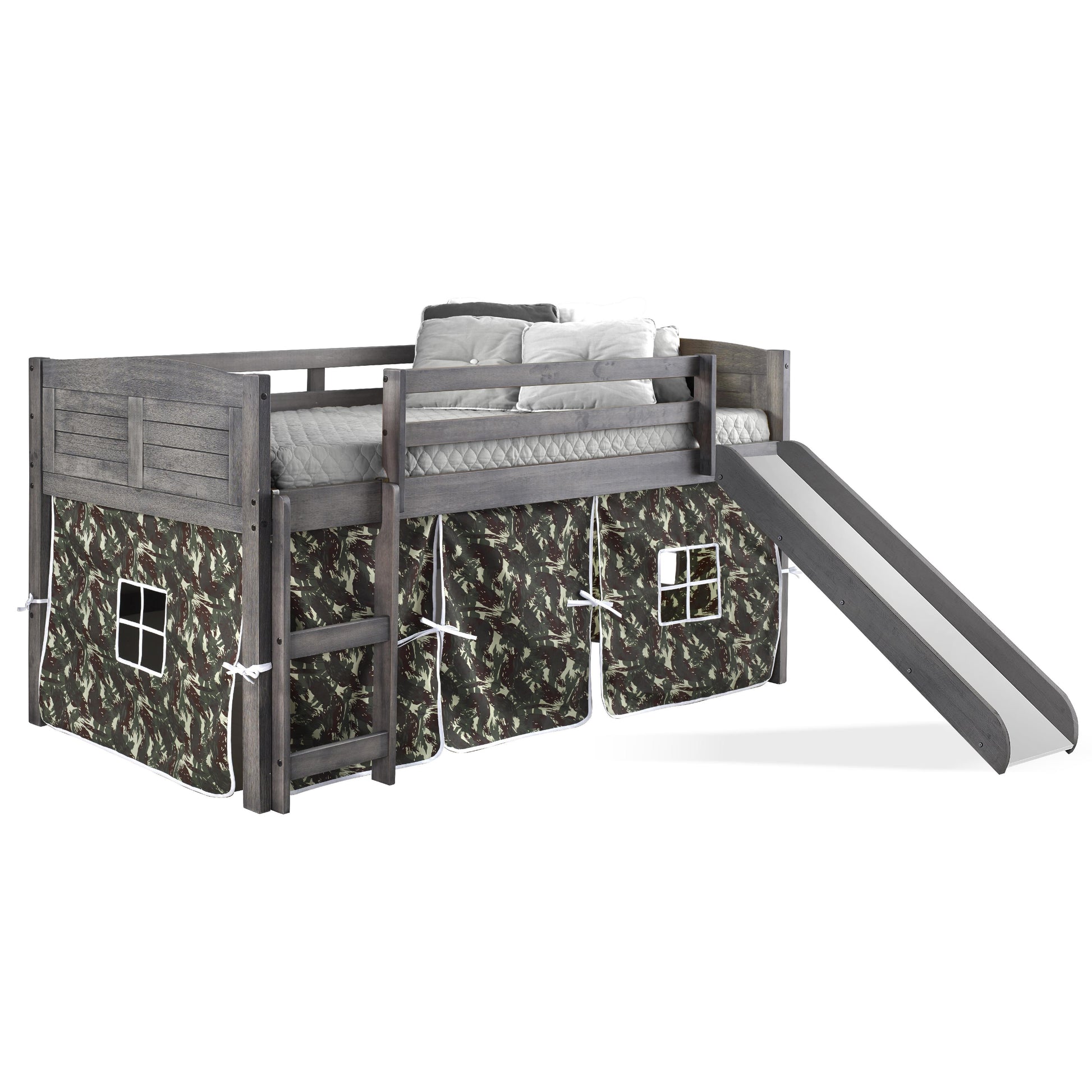  Donco Trading Company Louver 790-AAG_750C-TC_785-AG Twin Low Loft Bed with Slide & Tent - Antique Grey/Camo IMAGE 4