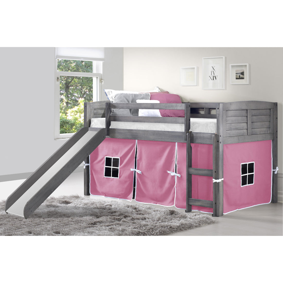  Donco Trading Company Louver 790-AAG_750C-TP_785-AG Twin Low Loft Bed with Slide & Tent - Antique Grey/Pink IMAGE 1