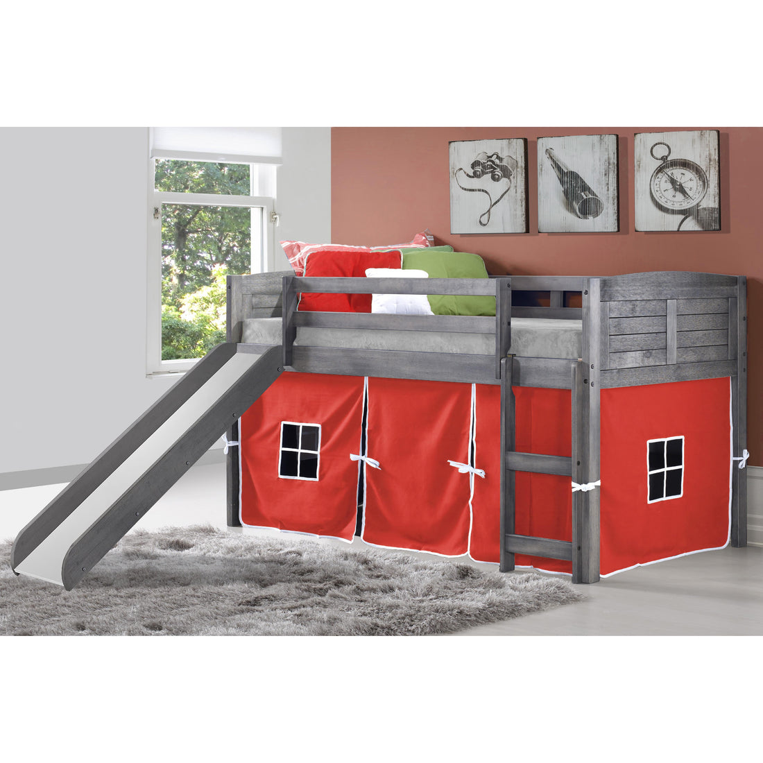  Donco Trading Company Louver 790-AAG_750C-TR_785-AG Twin Low Loft Bed with Slide & Tent - Antique Grey/Red IMAGE 1