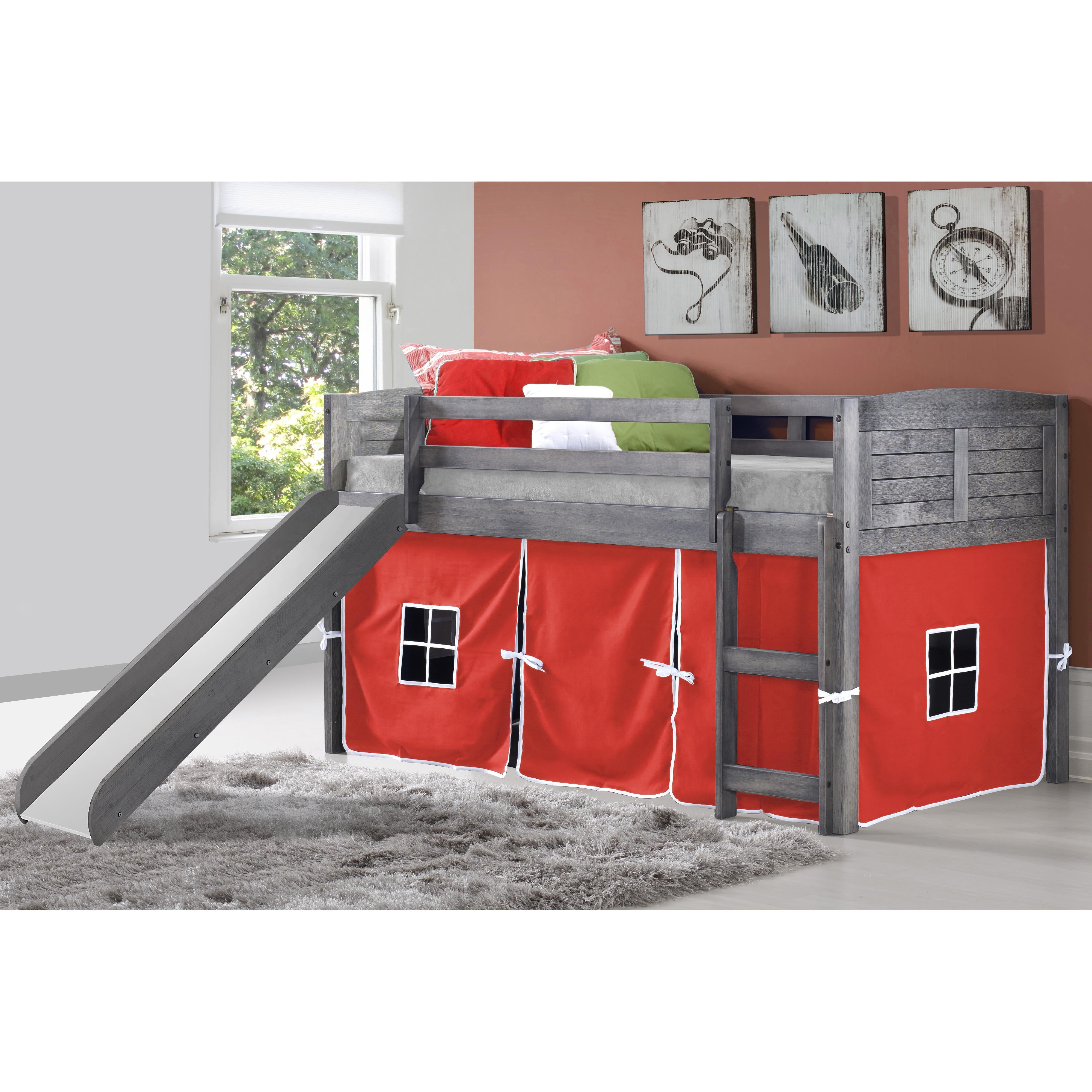  Donco Trading Company Louver 790-AAG_750C-TR_785-AG Twin Low Loft Bed with Slide & Tent - Antique Grey/Red IMAGE 2