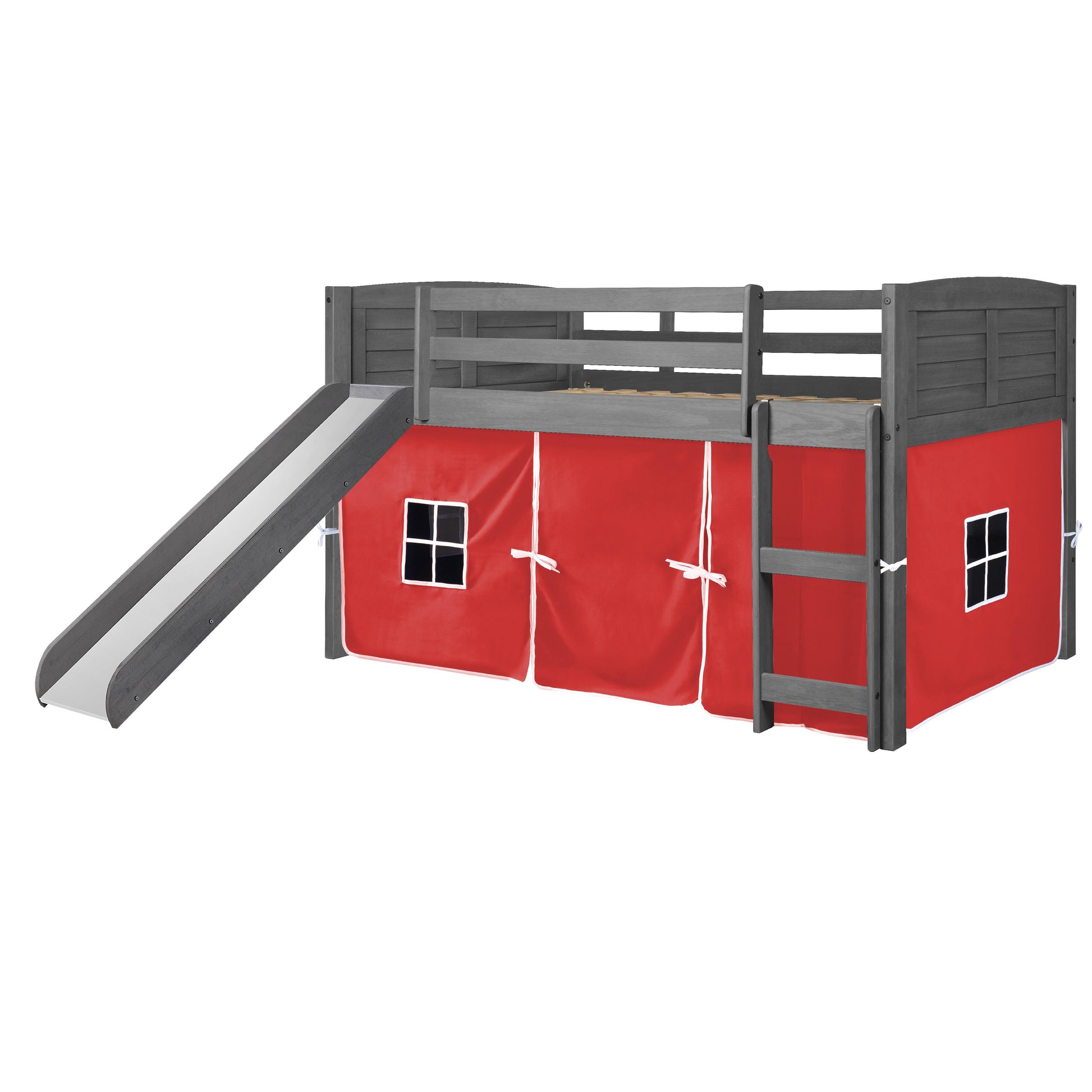  Donco Trading Company Louver 790-AAG_750C-TR_785-AG Twin Low Loft Bed with Slide & Tent - Antique Grey/Red IMAGE 3